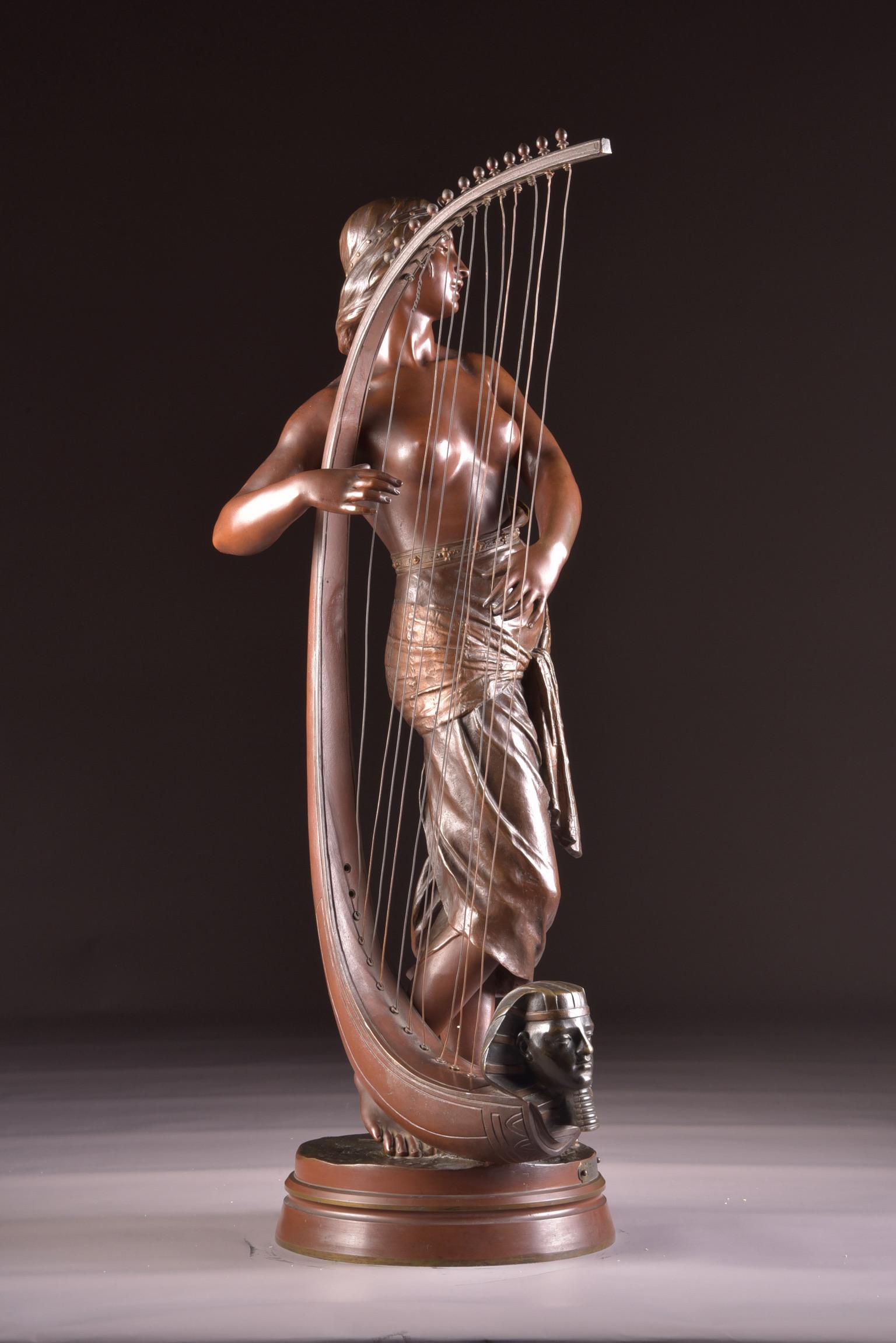 Art Nouveau Bronze Semi Nude Sculpture, Tahoser, Egyptian Harpist by Coudray For Sale