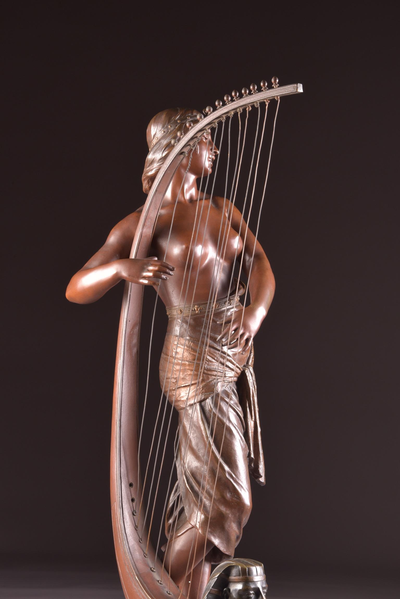 French Bronze Semi Nude Sculpture, Tahoser, Egyptian Harpist by Coudray For Sale