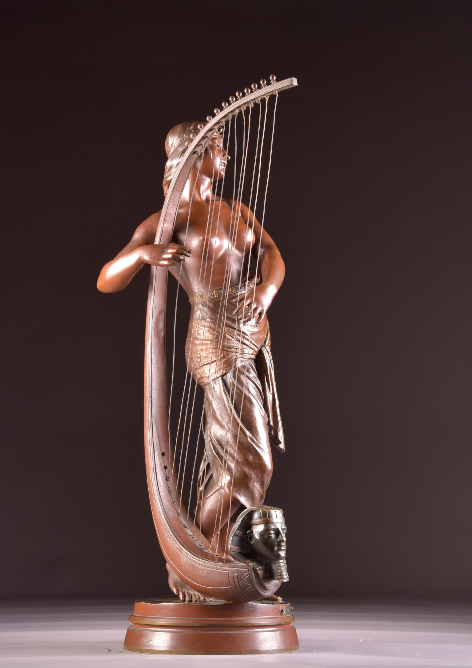 Patinated Bronze Semi Nude Sculpture, Tahoser, Egyptian Harpist by Coudray For Sale