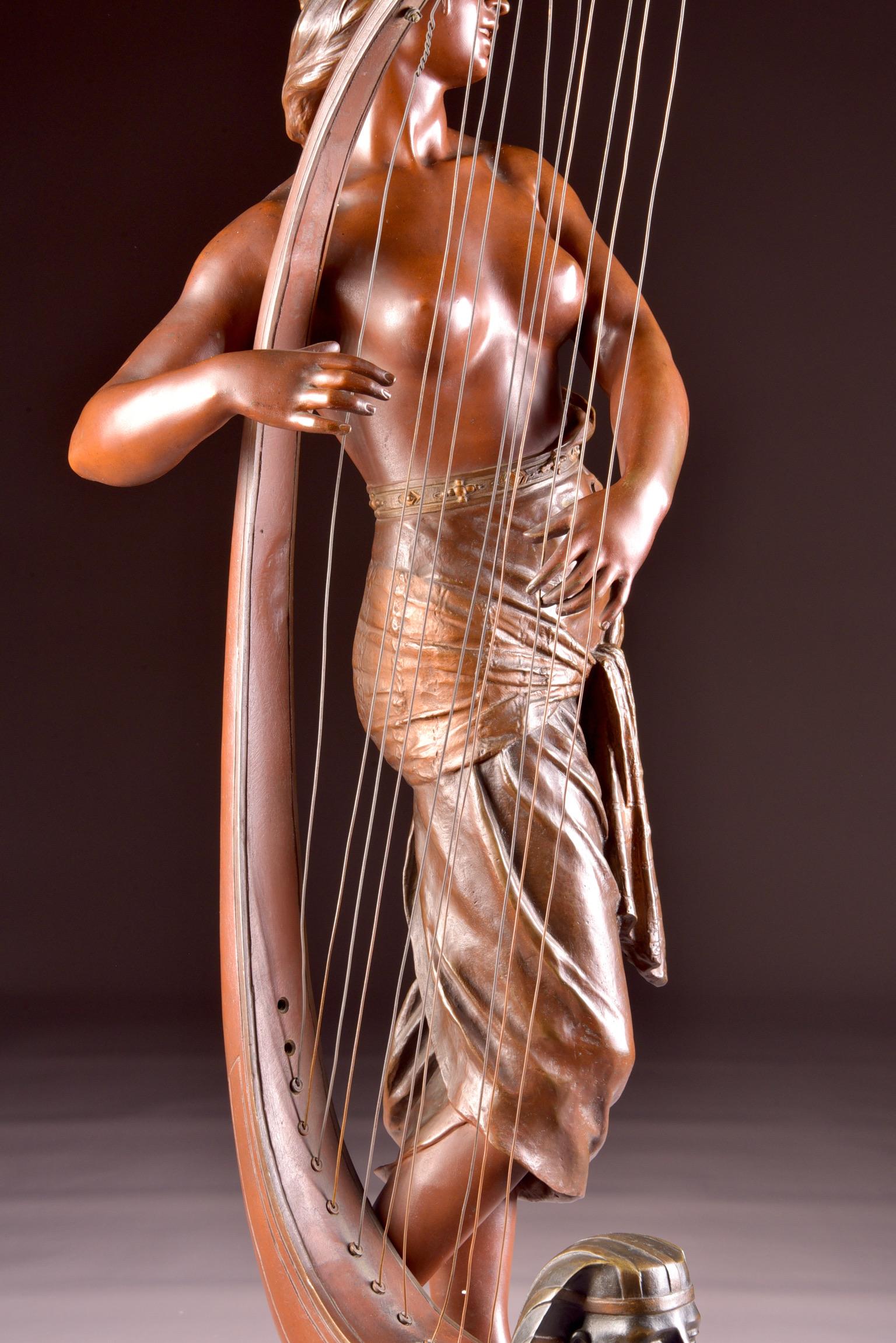 Bronze Semi Nude Sculpture, Tahoser, Egyptian Harpist by Coudray In Good Condition For Sale In Ulestraten, Limburg