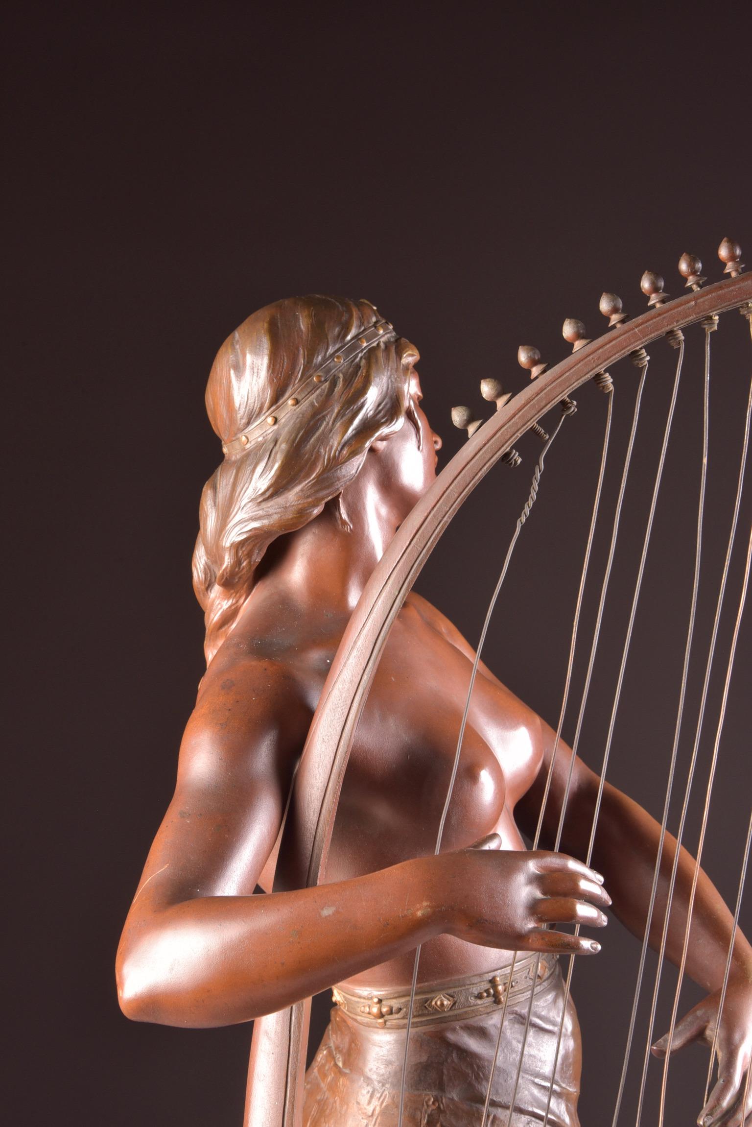 20th Century Bronze Semi Nude Sculpture, Tahoser, Egyptian Harpist by Coudray For Sale