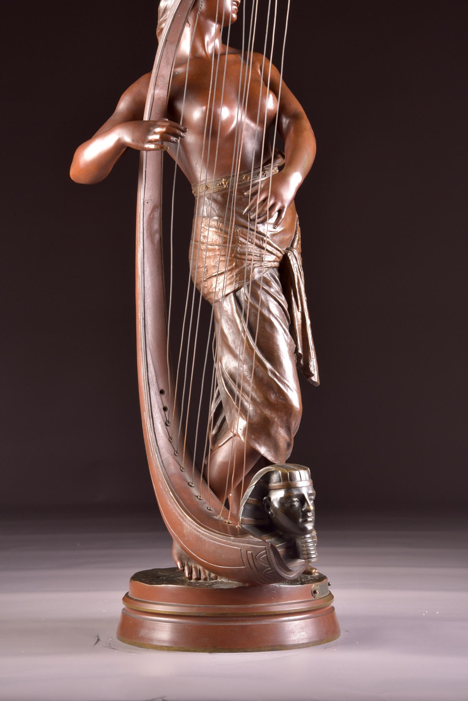 Bronze Semi Nude Sculpture, Tahoser, Egyptian Harpist by Coudray For Sale 1
