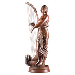 Bronze Semi Nude Sculpture, Tahoser, Egyptian Harpist by Coudray