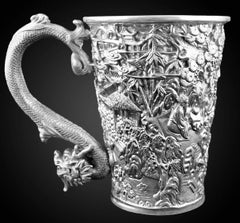 + LEGENDARY LI BAI / ZHUXI LIUYI CHINESE EXPORT SILVER DRAGON-HANDLED FLAGON l