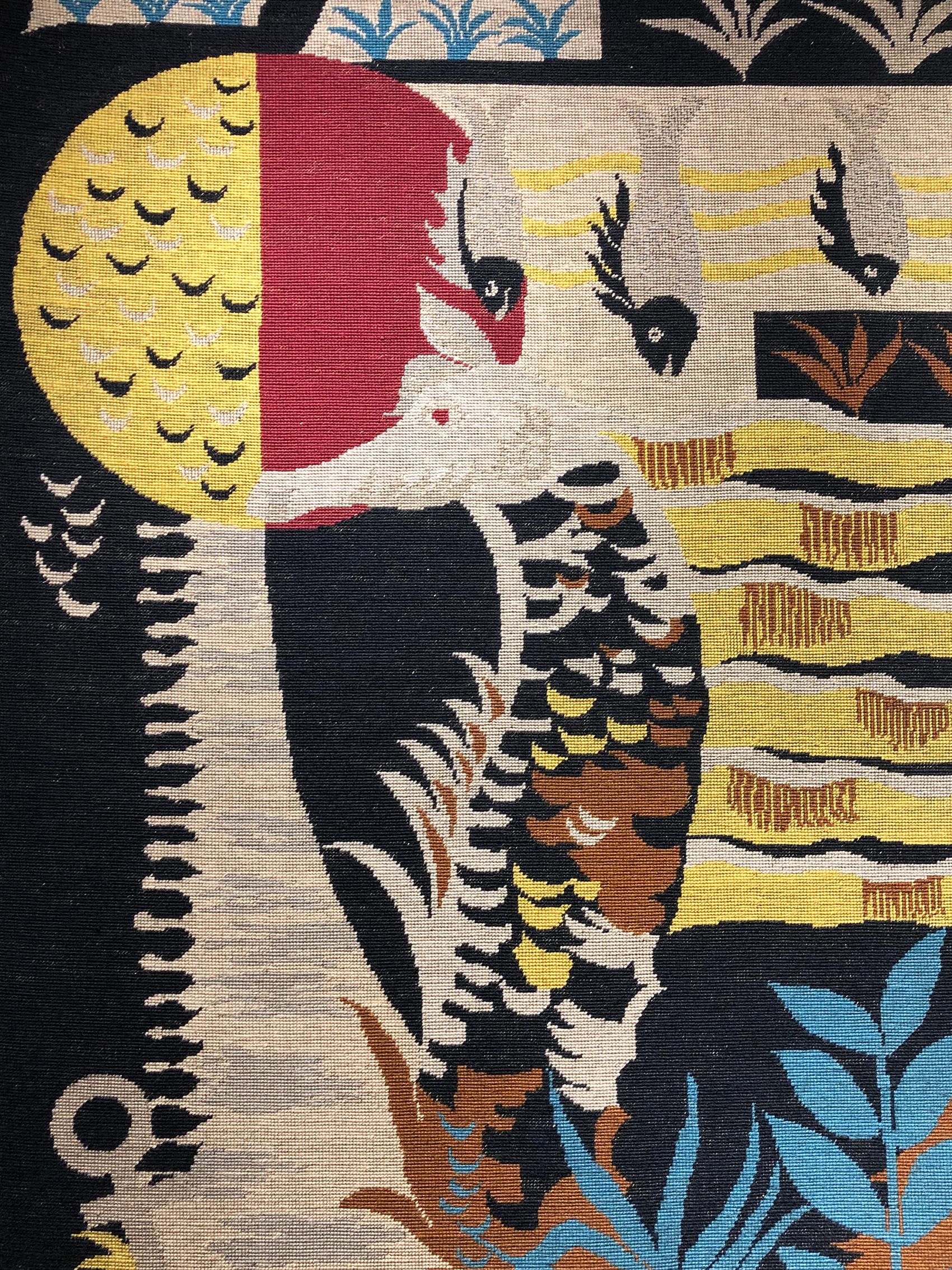 Exquisite midcentury tapestry attributed to Jean Lurcat (1892-1966).
Entitled “Maritime”.
Depicting a bold surrealism marine landscape with a sea horse surrounding by an anchor, Pisces and plants.
Woven needlepoint on canvas (wool yarn on the