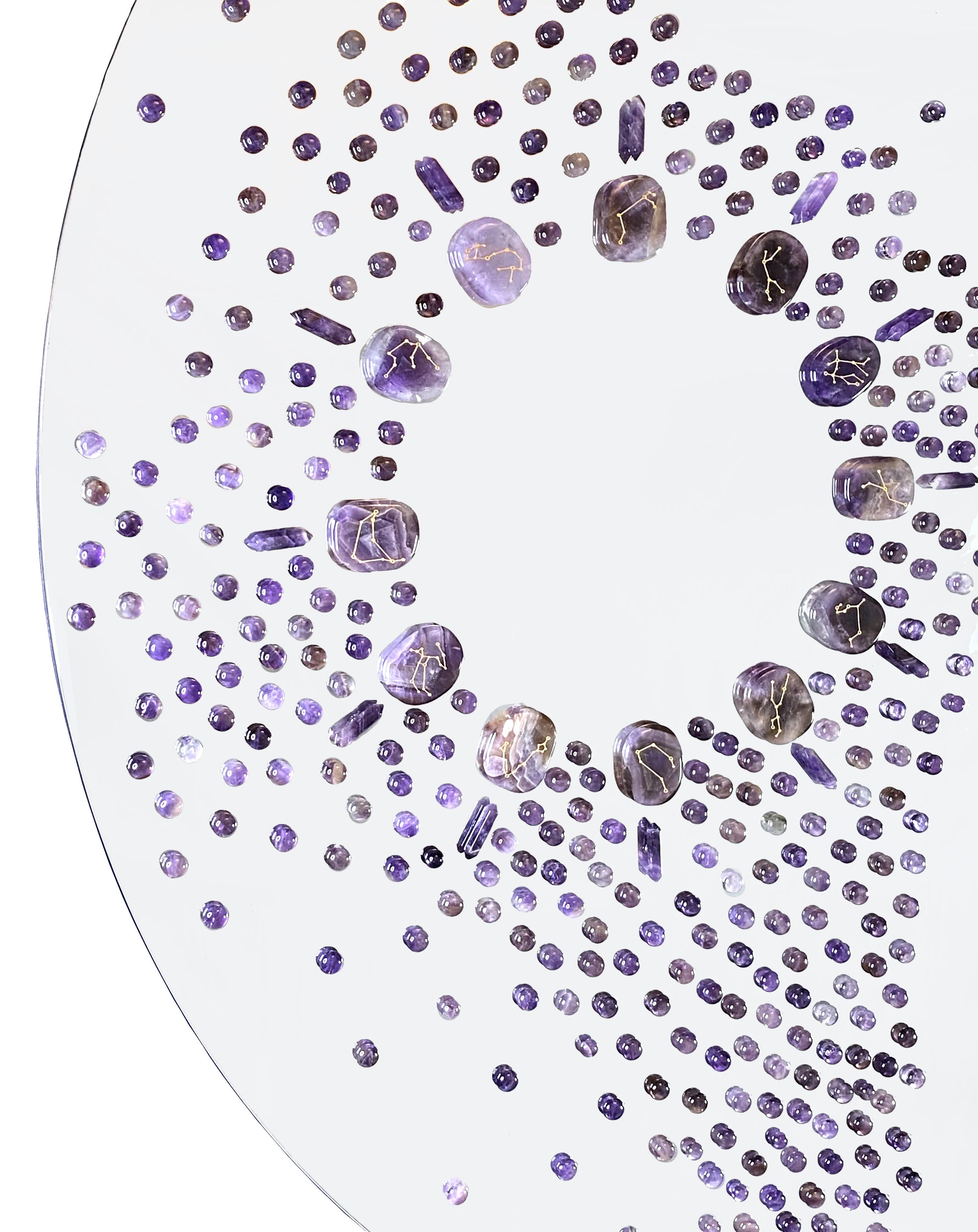 Swiss Wall Mirror, Adorned with 635 Amethysts, Handmade by Aline Erbeia For Sale