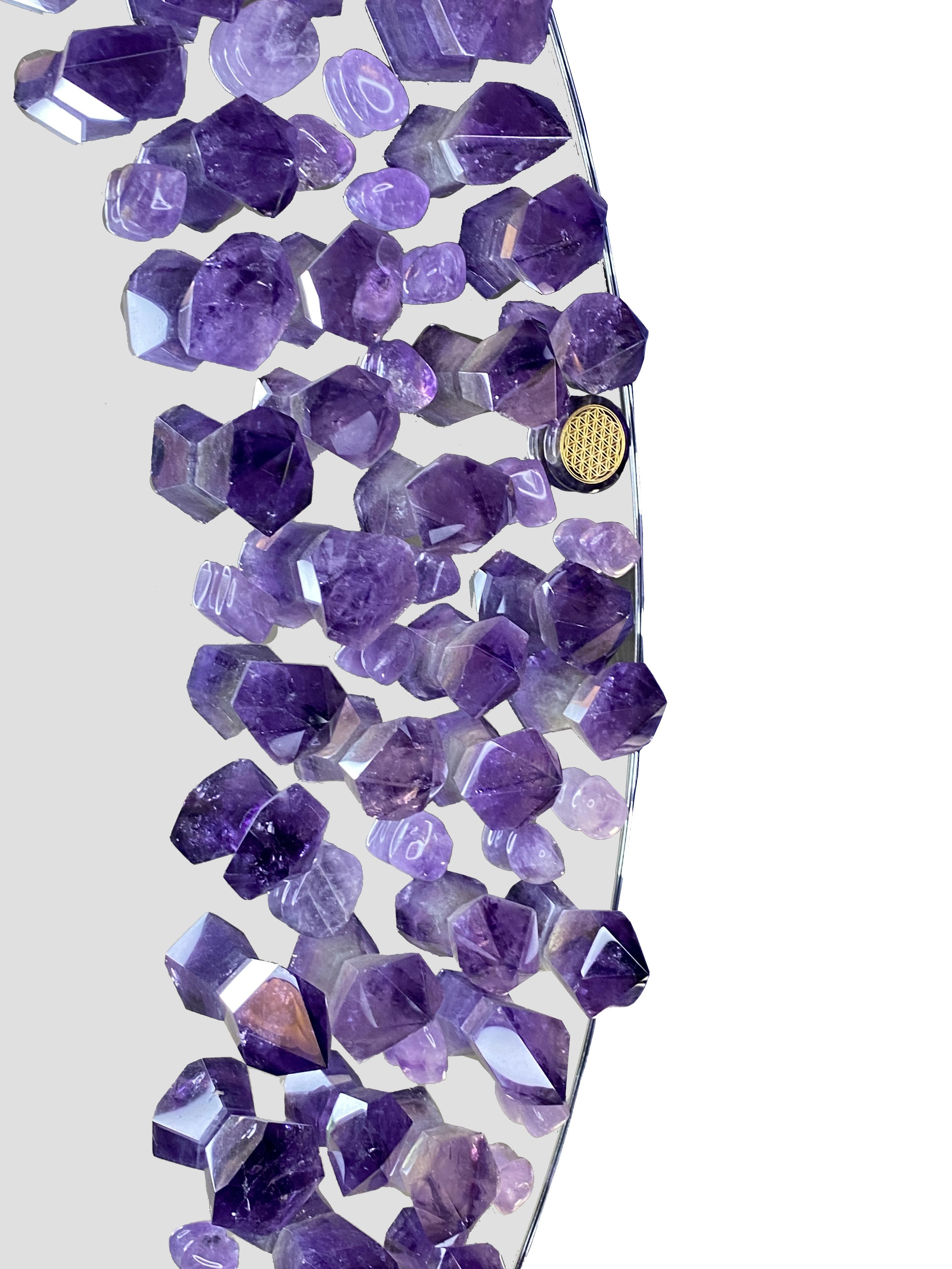 Wall Mirror, Adorned with 635 Amethysts, Handmade by Aline Erbeia For Sale 1