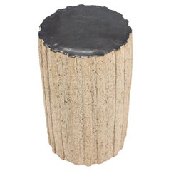 « Ostinato » table in raw stoneware with dark green glazed top by Denis Castaing