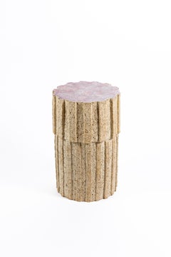 « Ostinato » table in raw stoneware with red glazed top by Denis Castaing, 2024