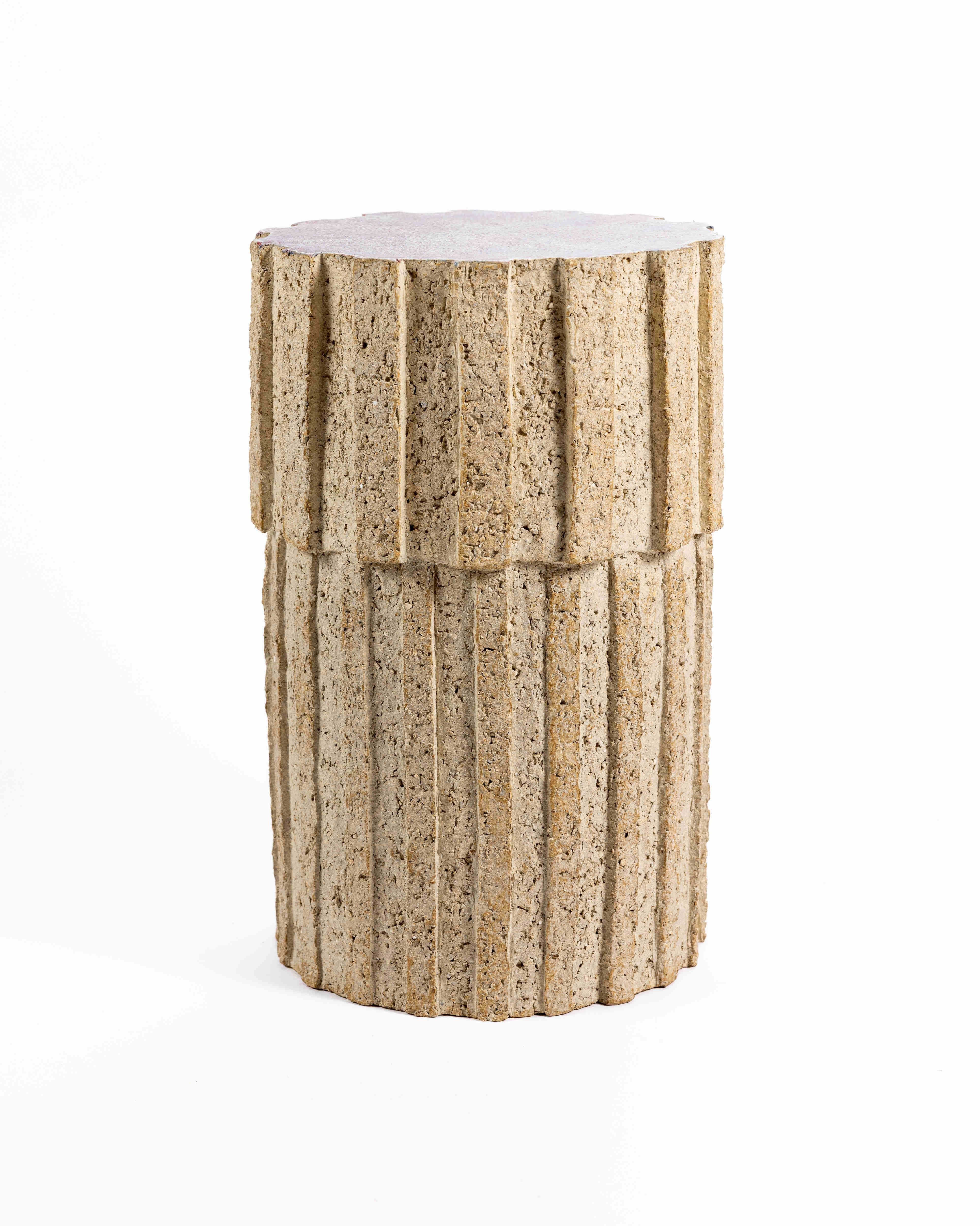 French « Ostinato » table in raw stoneware with red glazed top by Denis Castaing, 2024 For Sale