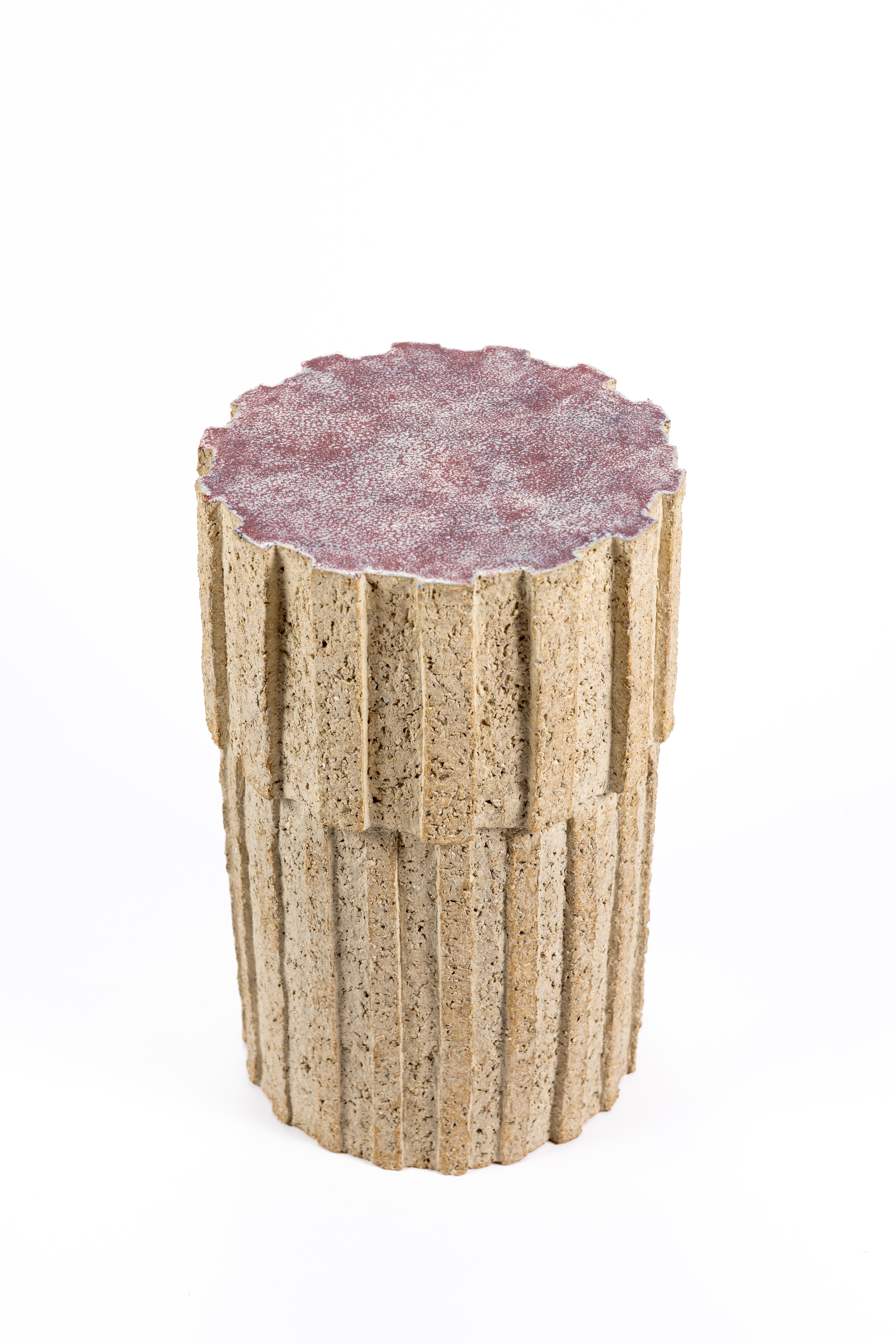 Ceramic « Ostinato » table in raw stoneware with red glazed top by Denis Castaing, 2024 For Sale