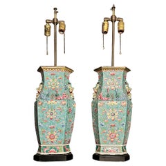Pair Of Antique Chinese Famille Rose Turquoise Ground Vases As Lamps