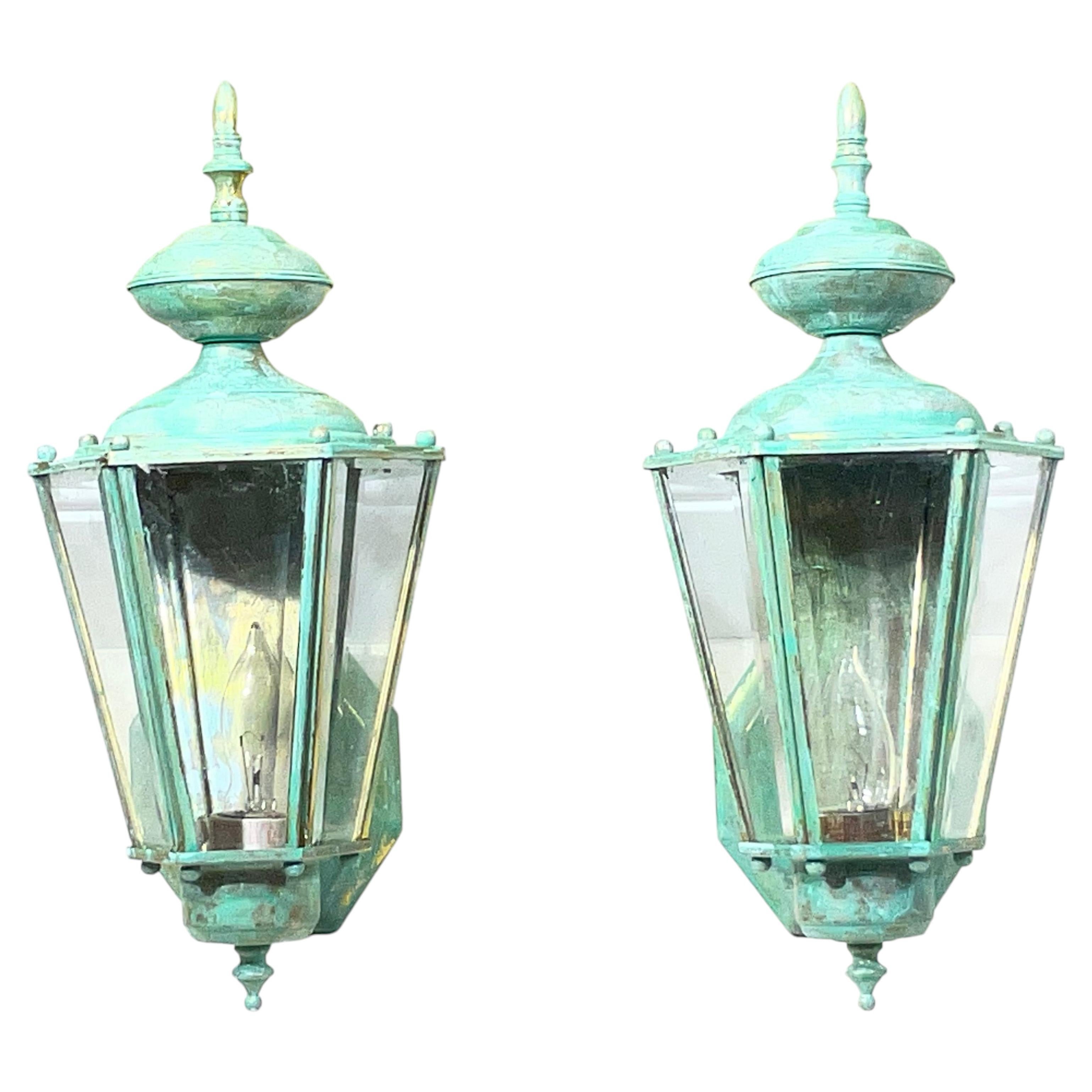 : Pair of Vintage Solid Brass Outdoor Wall Lanterns / 16” high