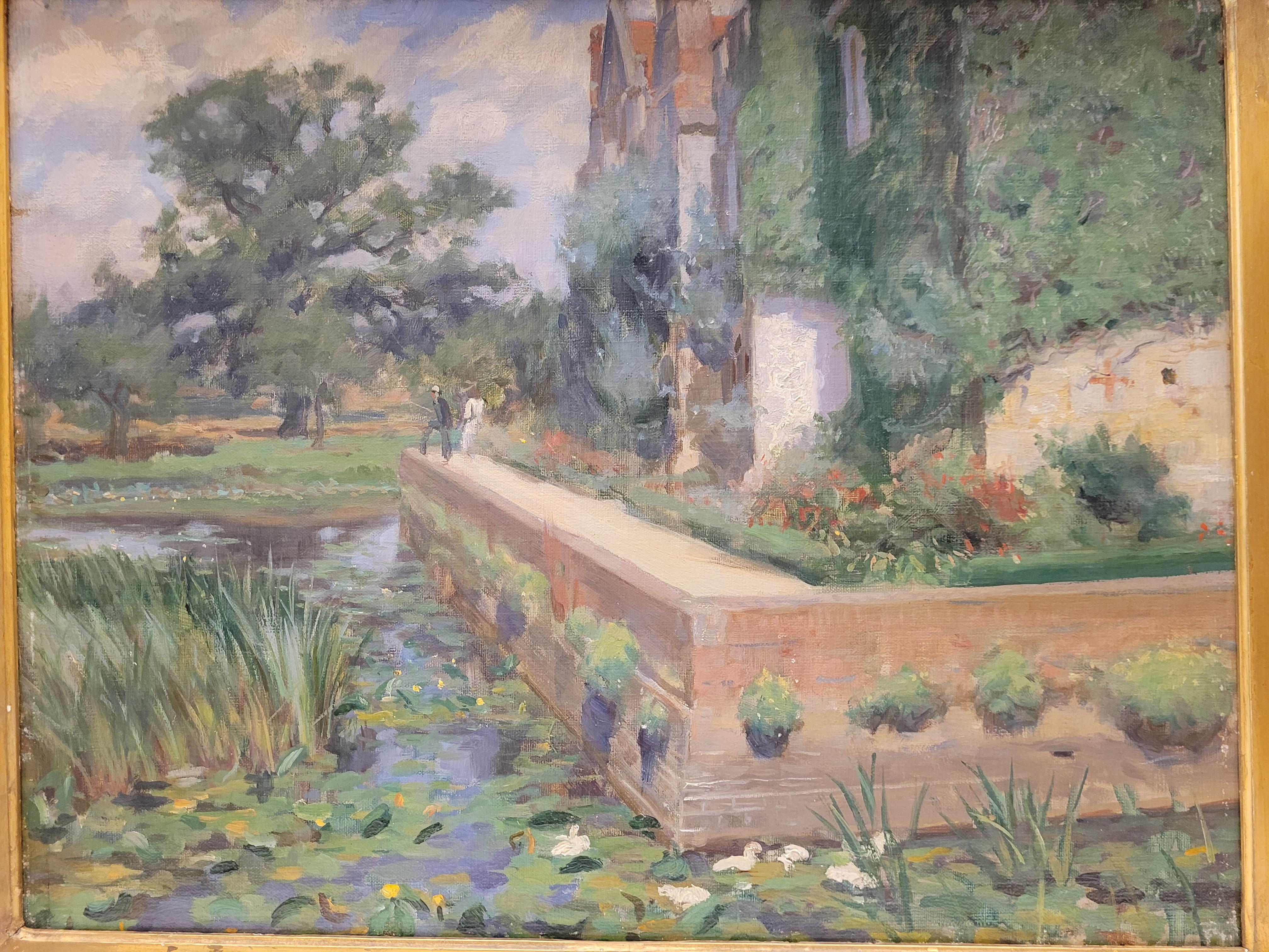 Art Nouveau , Pinting Impressionism “Fisherman in a river”  Countryside– Catalan School For Sale
