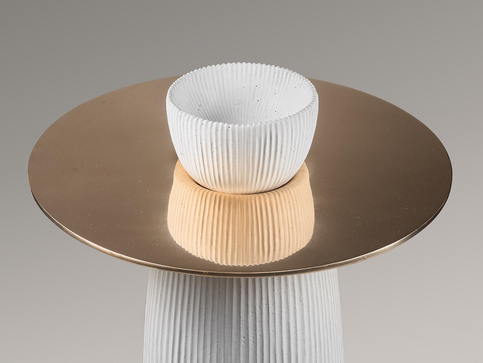‘Polka’ side table, glazed sandstone base and polished bronze plate.
French work by designer Emmanuel Levet-Stenne and ceramist Isabelle Sicart. Limited edition of 8, 2014.