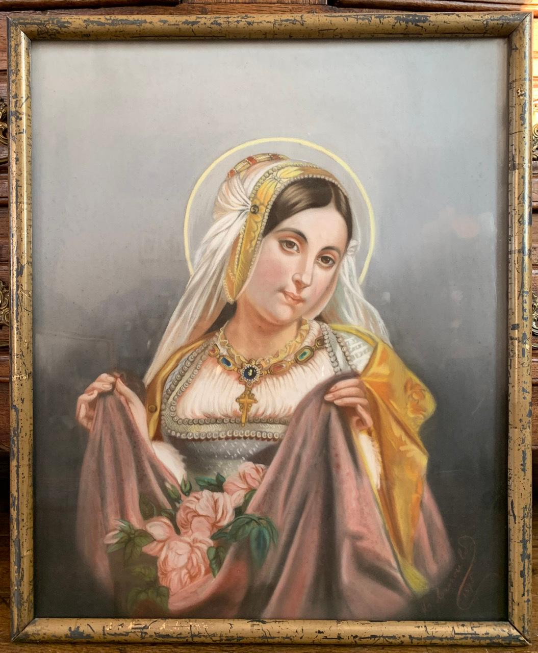 « Portrait of the Virgin In Finery » Pastel, 19th Century In Good Condition For Sale In Beuzevillette, FR