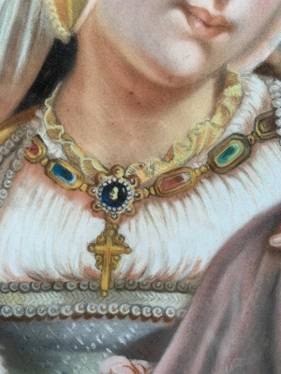 Paper « Portrait of the Virgin In Finery » Pastel, 19th Century For Sale