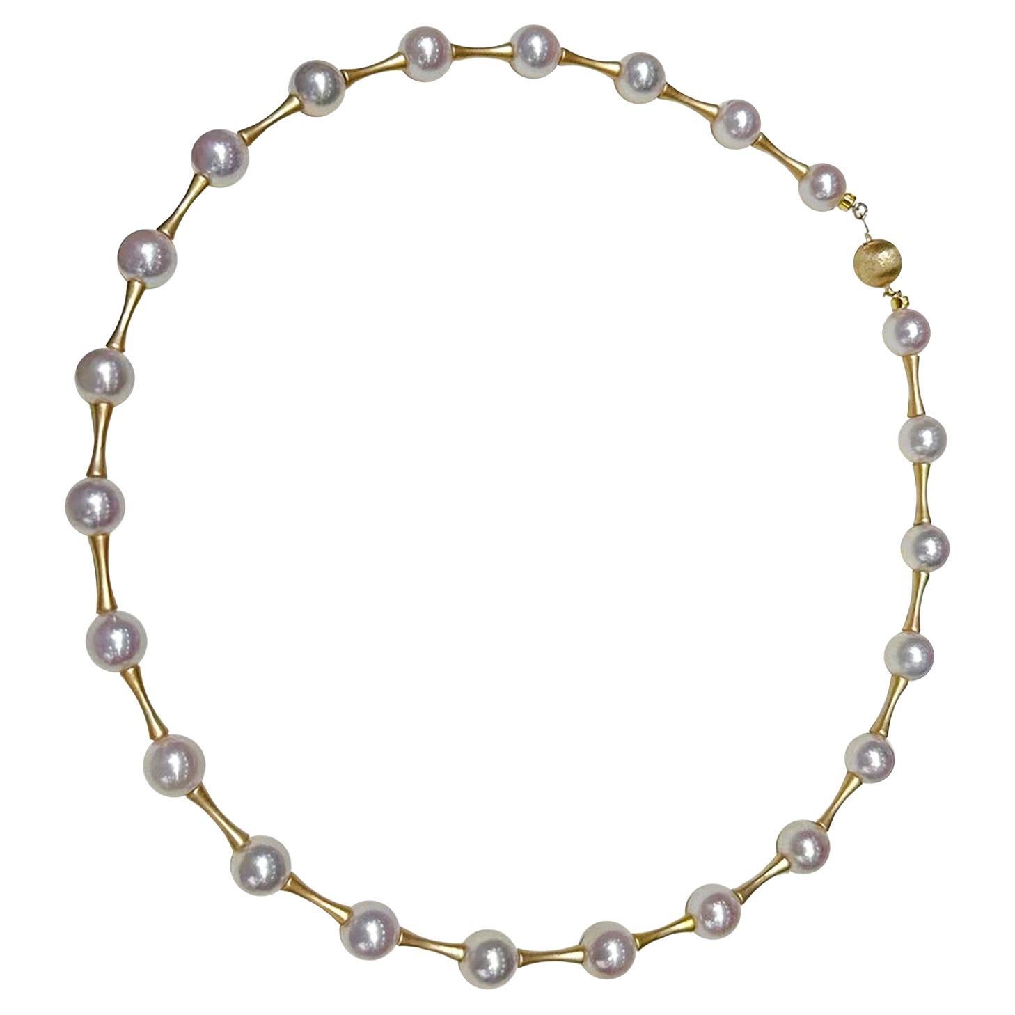【 Geometría Esculpida】Collar de Perlas Akoya con Barra Lineal de Oro en venta