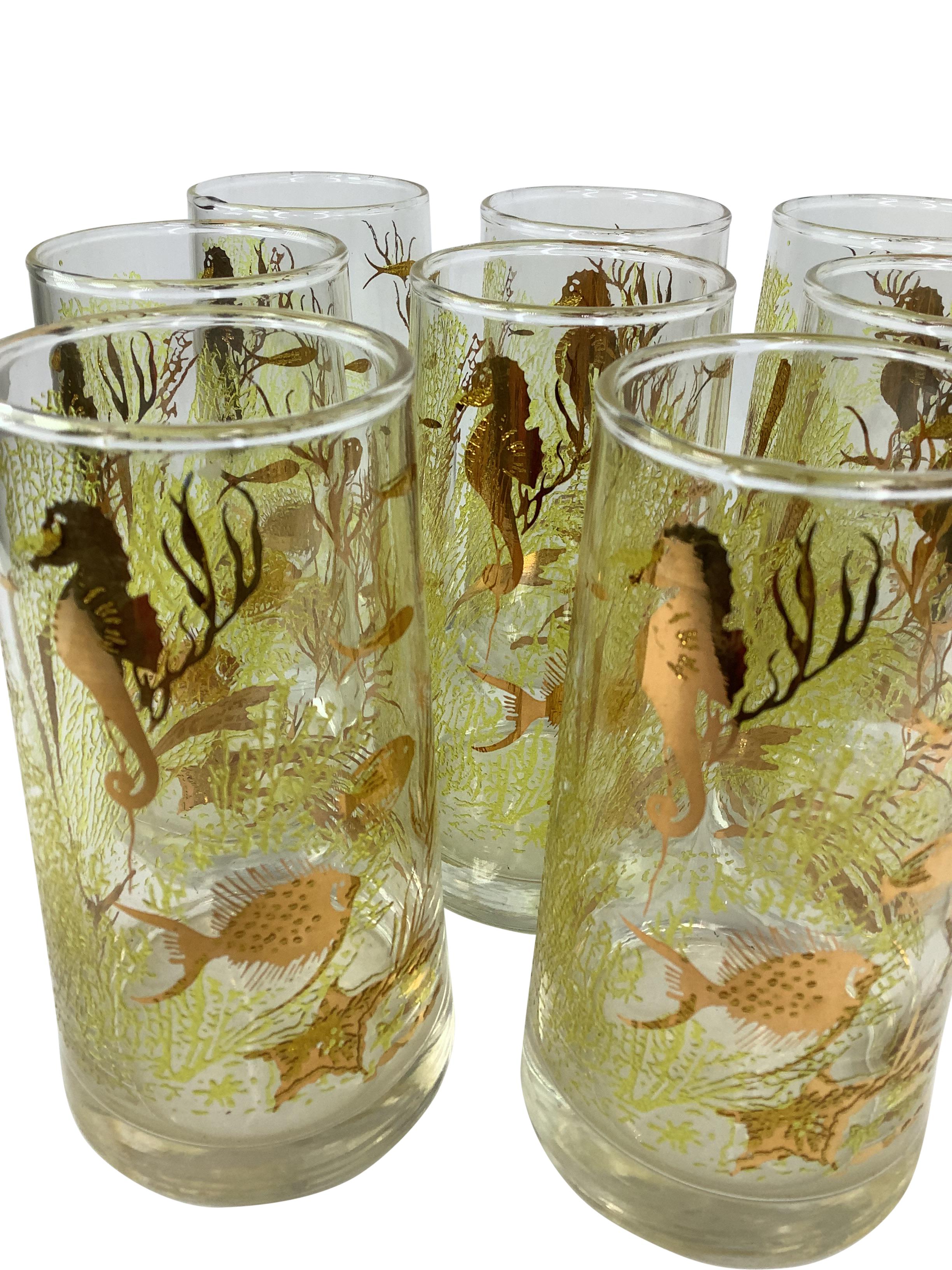 Set of 8 Vintage Libbey Sea Life Tumblers with raised green design and Gilt Seahorses and Fish in an Underwater Ocean Scene. Glasses are tapered, measuring 2 1/4