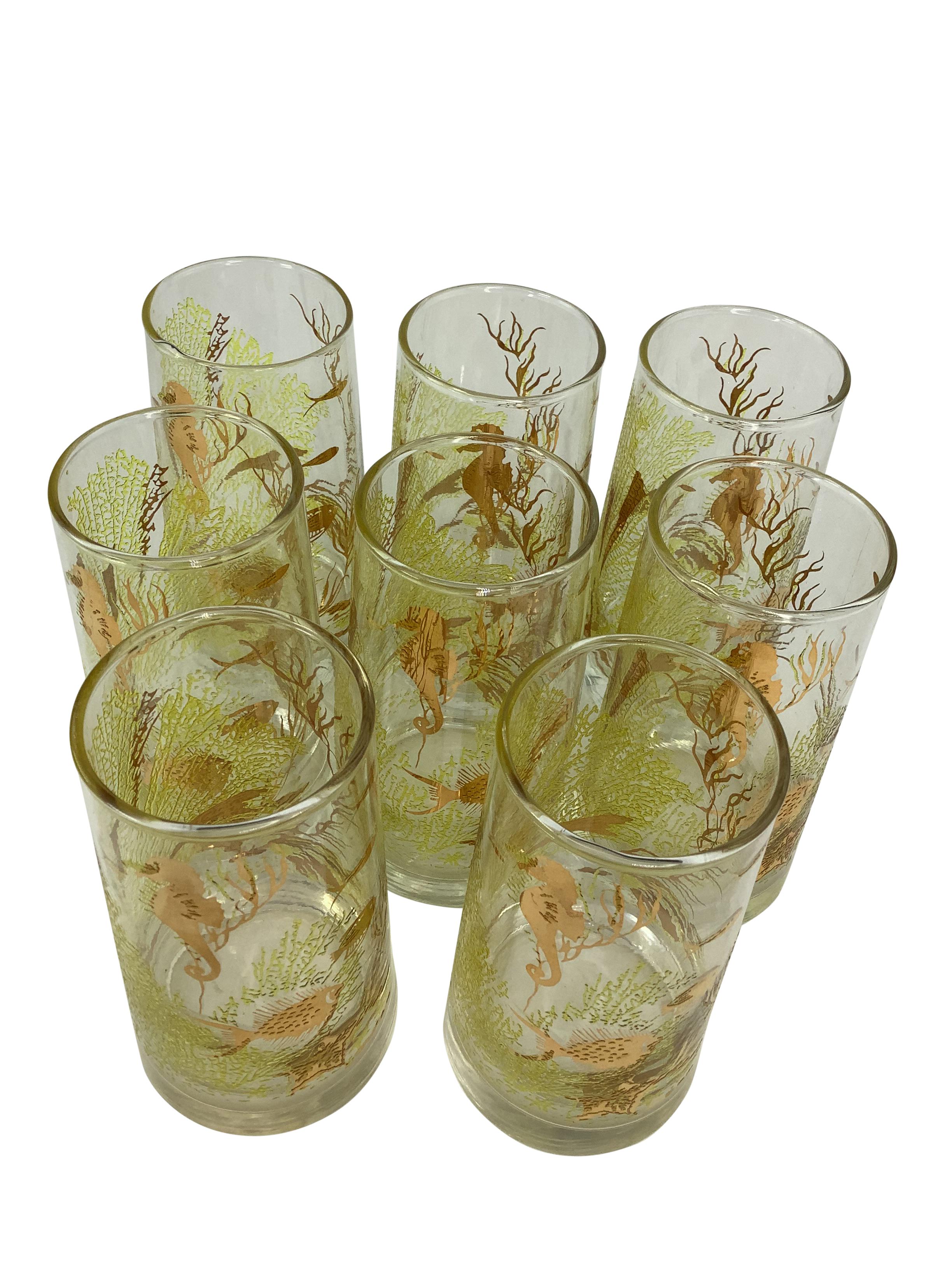 Mid-Century Modern  Lot de 8 verres Highball Vintage Libbey Marine Life avec hippocampes et poissons dorés en vente
