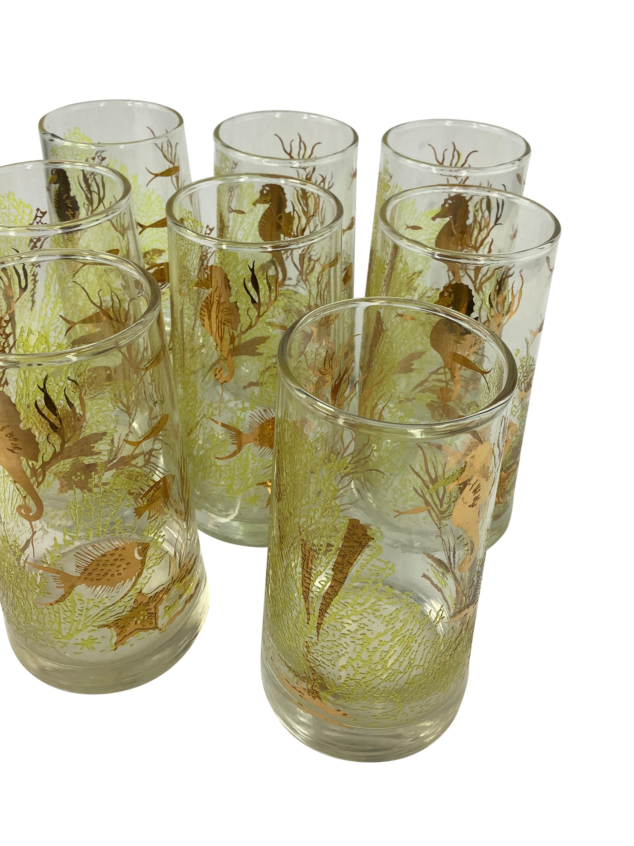 Américain  Lot de 8 verres Highball Vintage Libbey Marine Life avec hippocampes et poissons dorés en vente