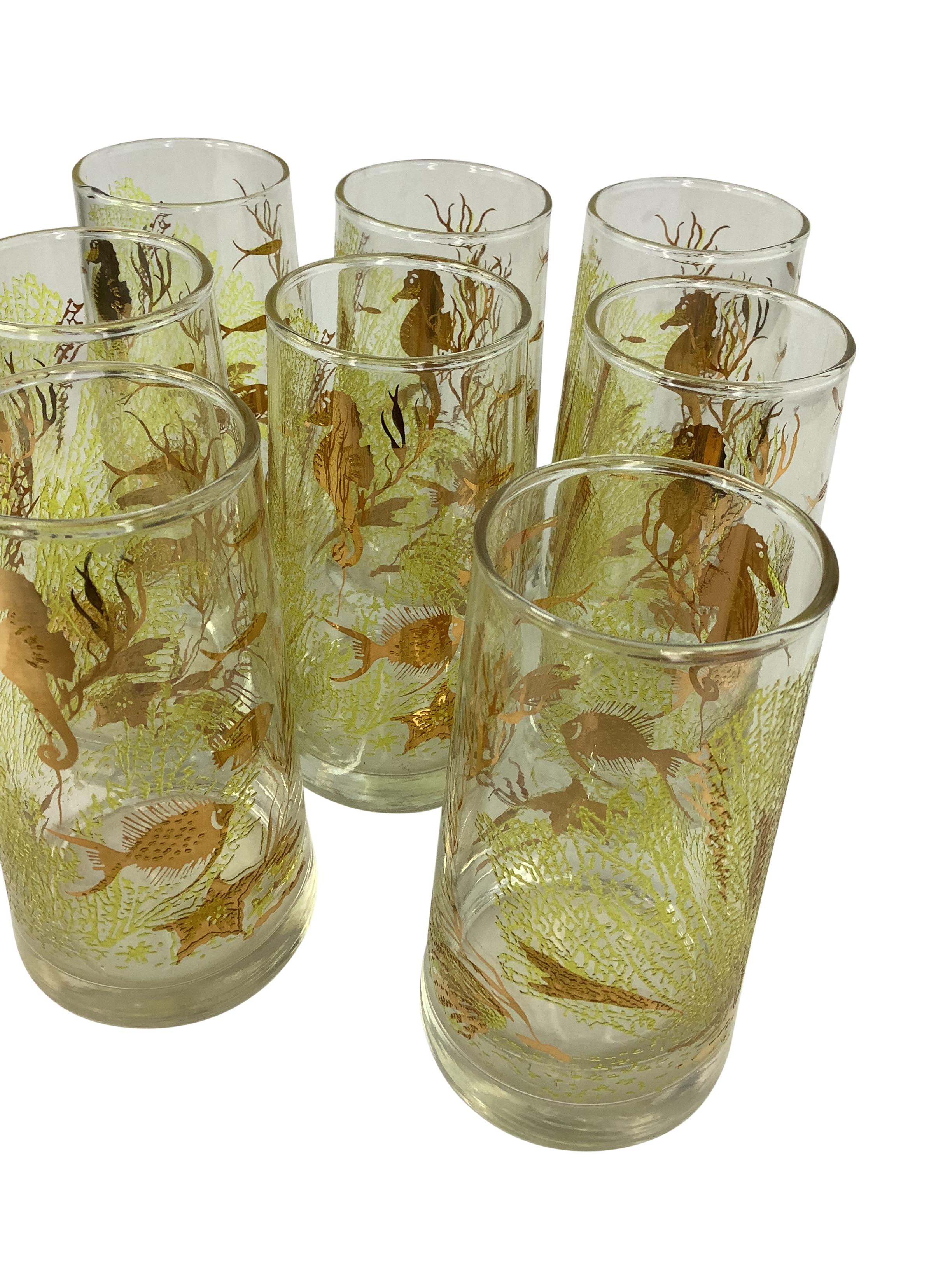 American  Set of 8 Vintage Libbey Marine Life Highball Glasses With Gilt Seahorses & Fish For Sale