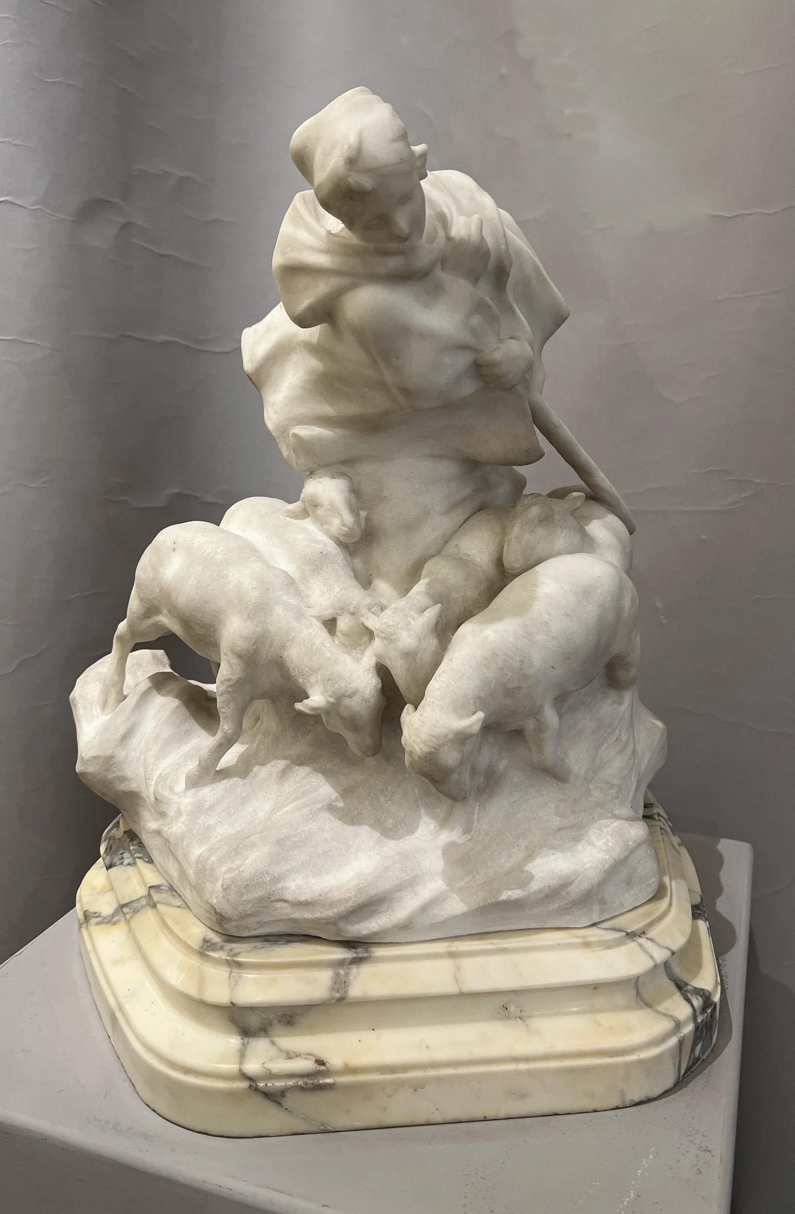Shepherdess and her sheep », sculpture by Charles Korschann (1872-1943), on a fine scrolled marble base.
Direct carving on alabaster, unique piece.
Charles Korschann ((1872-1943) was a Czech sculptor. He worked in the Czech Republic, Germany and