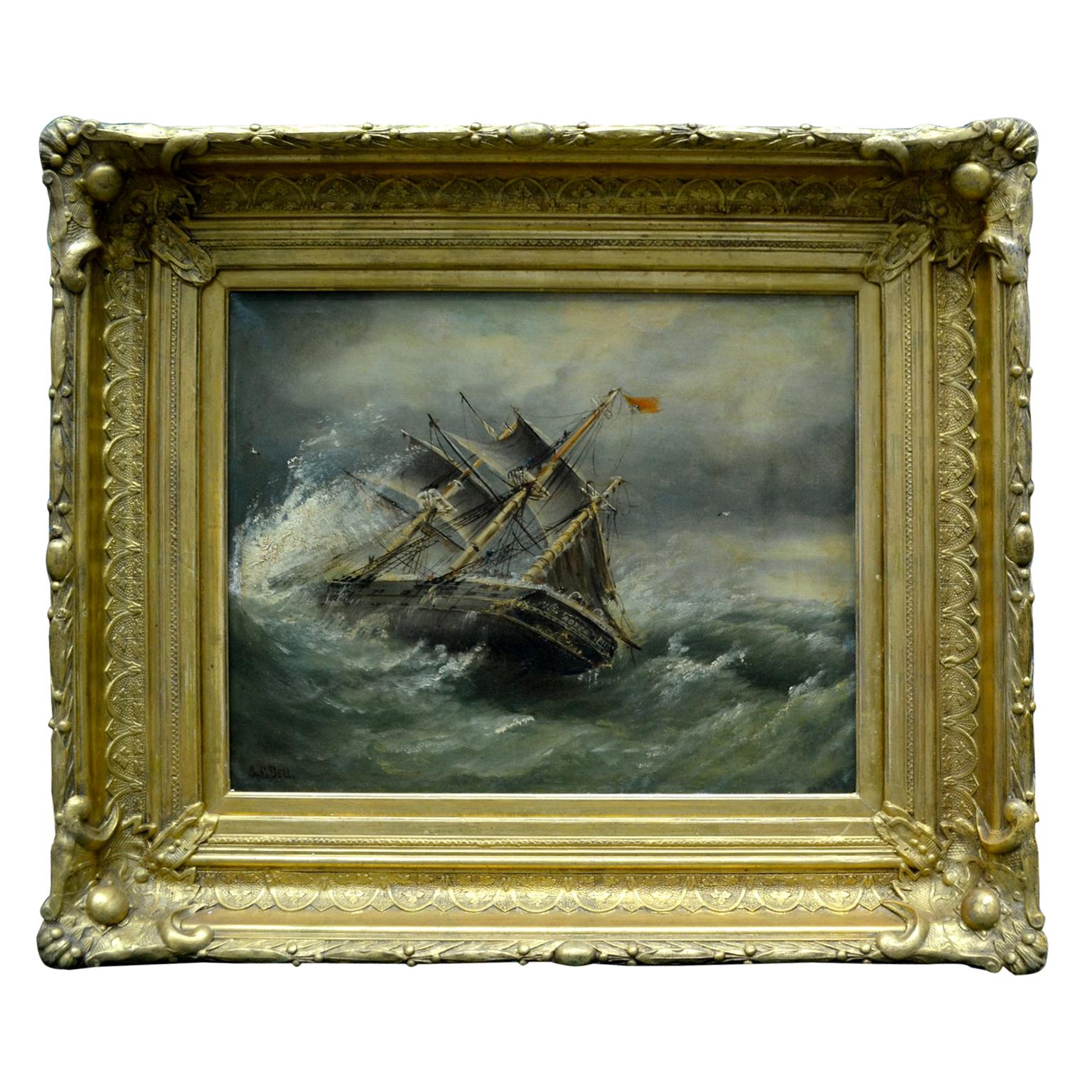 The oil painting on canvas depicts a partial side view of the three masted British Galleon named 'Rover' being tossed around in a stormy sea to the point the ship is almost capsizing. It is uncertain what the ultimate fate of the ship will be. The