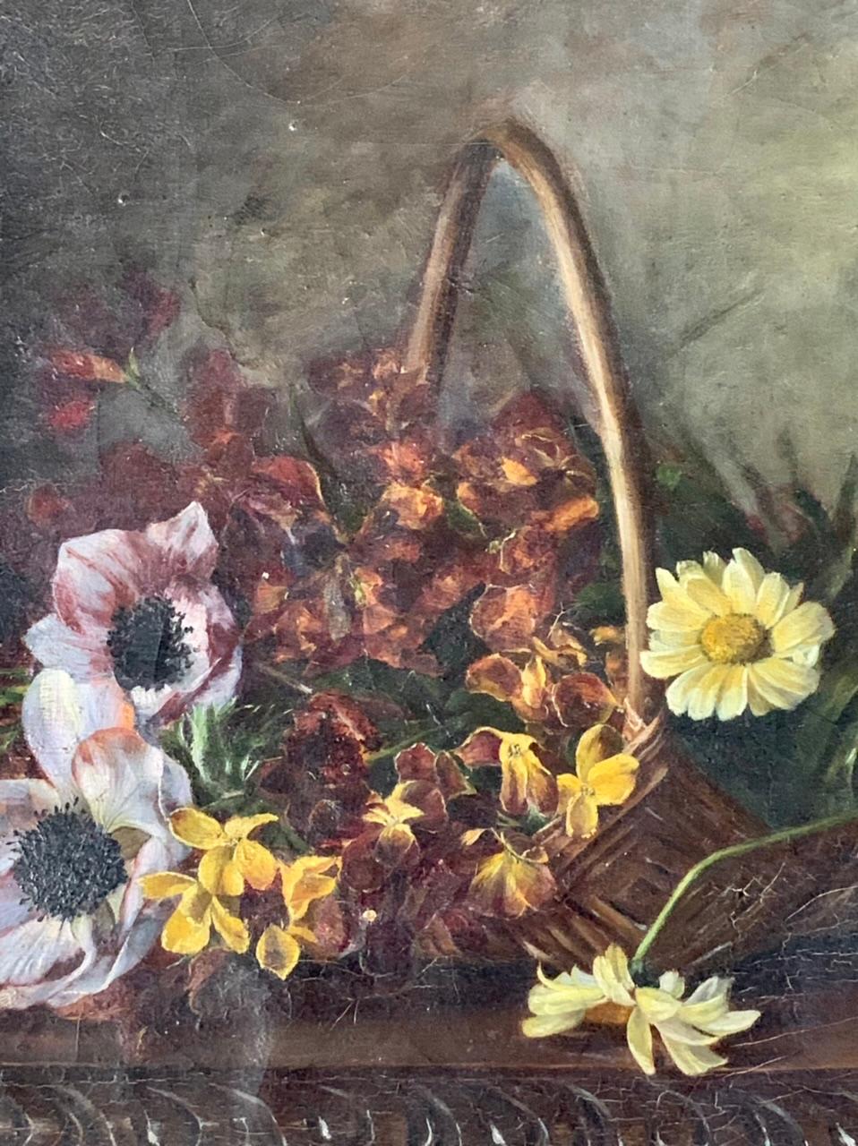 Very beautiful oil on canvas of the XIX th century. In this wicker basket, we find irises, daisies, anemones, wallflowers… Still life painting from the 19th century. 
Still life realized by an artist of the French school of the XIXth with a very