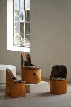 Silla sueca Stump / "Kubstol" de pino y tapicería floral, mediados del siglo XX