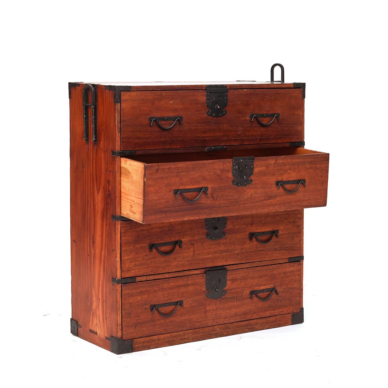 Japanese Tansu , pinewood with original iron hardware.
