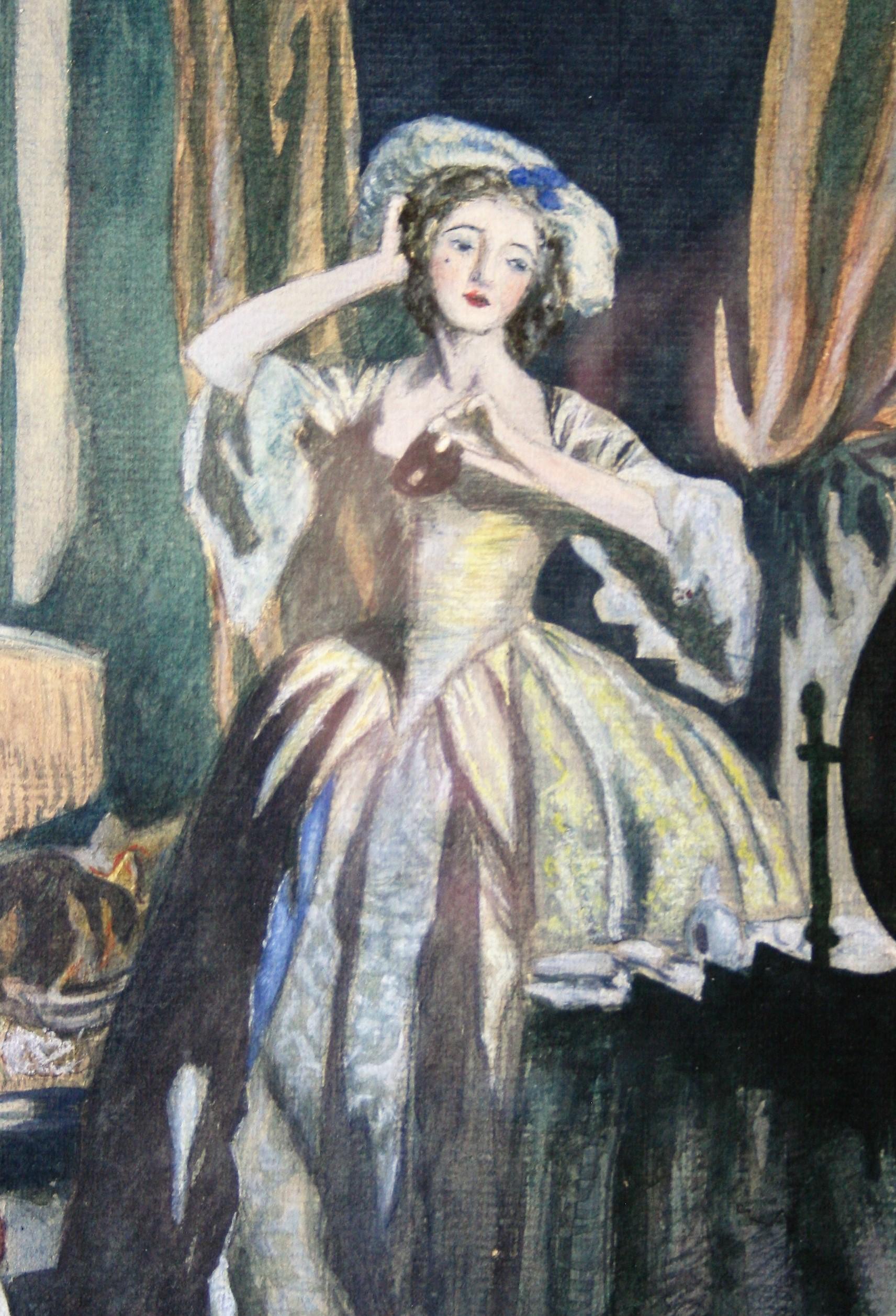 Beautiful painting representing a woman of the XVIIIth century. The scene is set in a typical interior of the period, recognisable by the furniture, armchair and bench in the Louis XV style. The interior is richly decorated with curtains and a