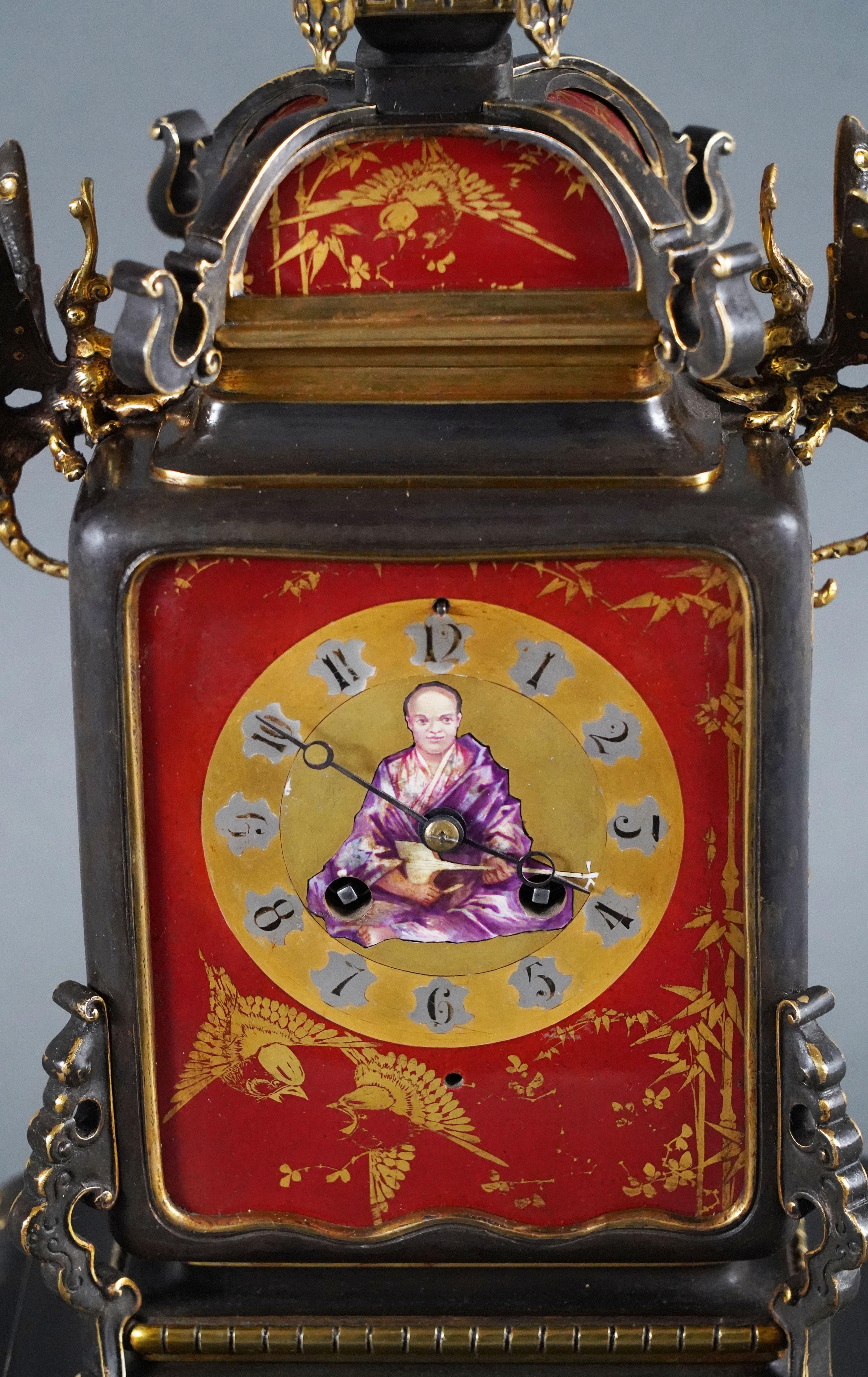 Japonisme « The Musician » Japanese style Clock attr. to L'Escalier de Cristal, FR, c.1890 For Sale