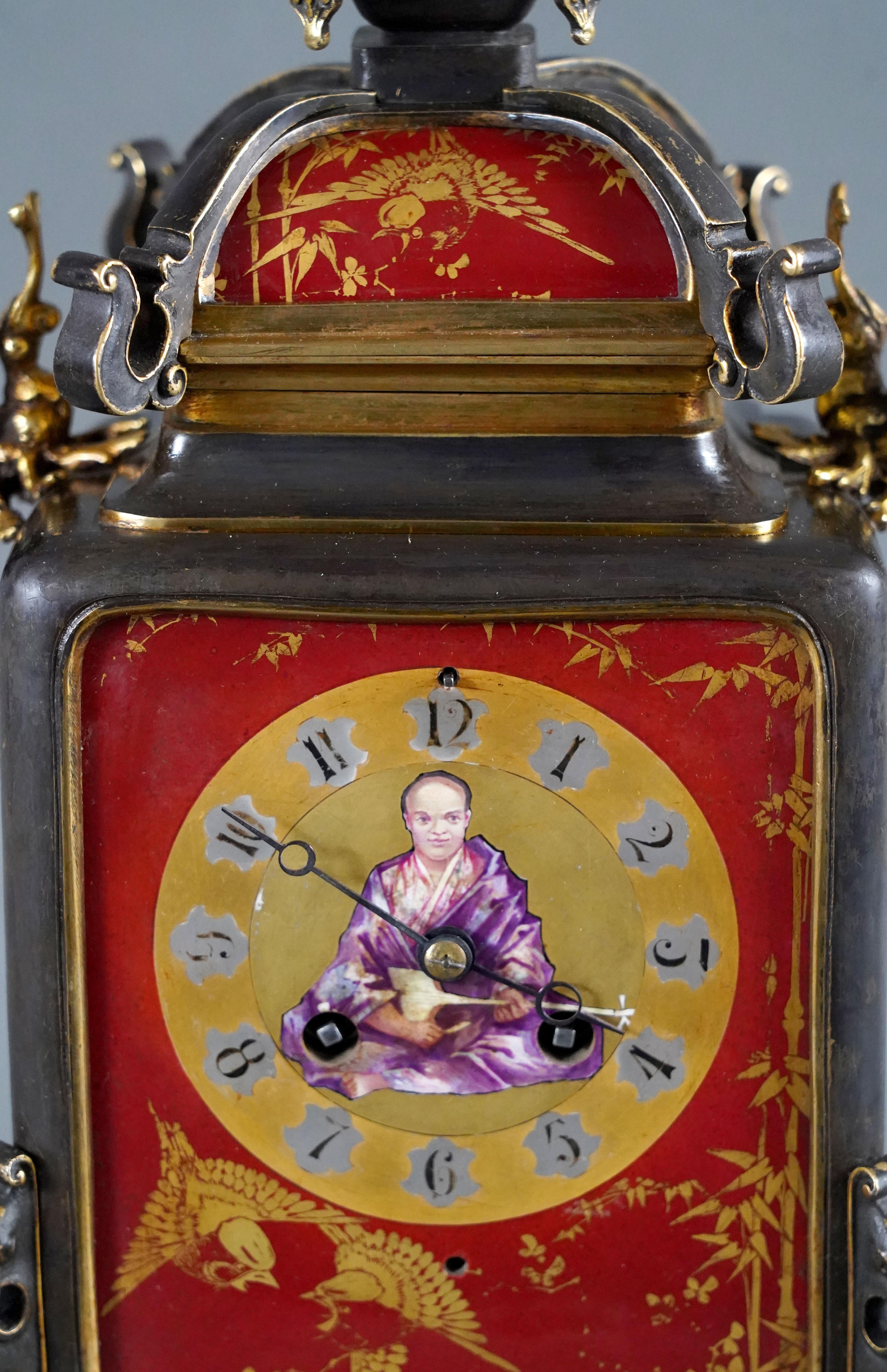 French « The Musician » Japanese style Clock attr. to L'Escalier de Cristal, FR, c.1890 For Sale