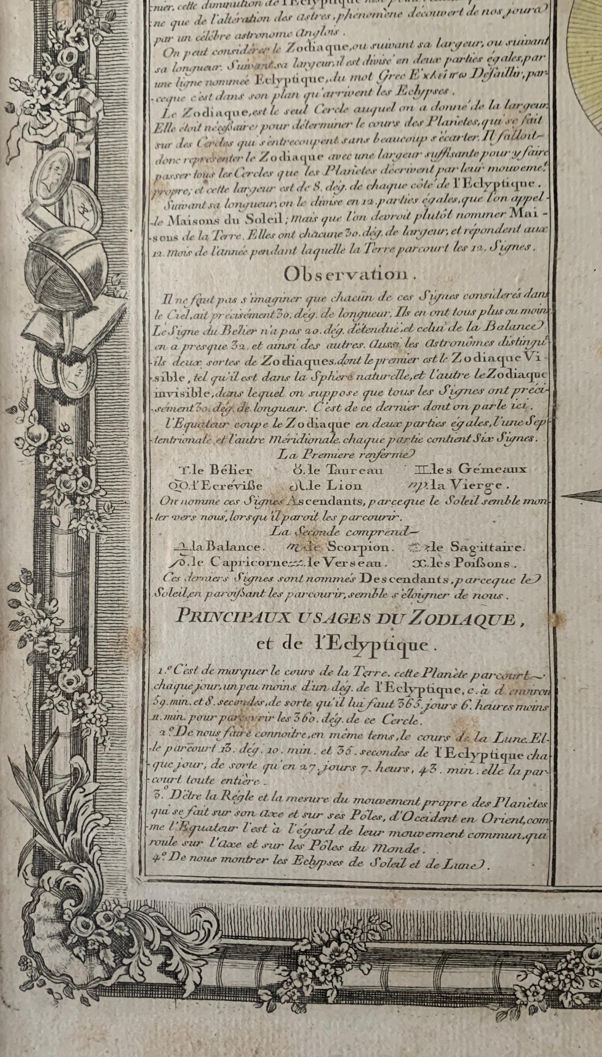 Papier « Le zodiaque et les écosystèmes » gravé français du 18ème siècle en vente