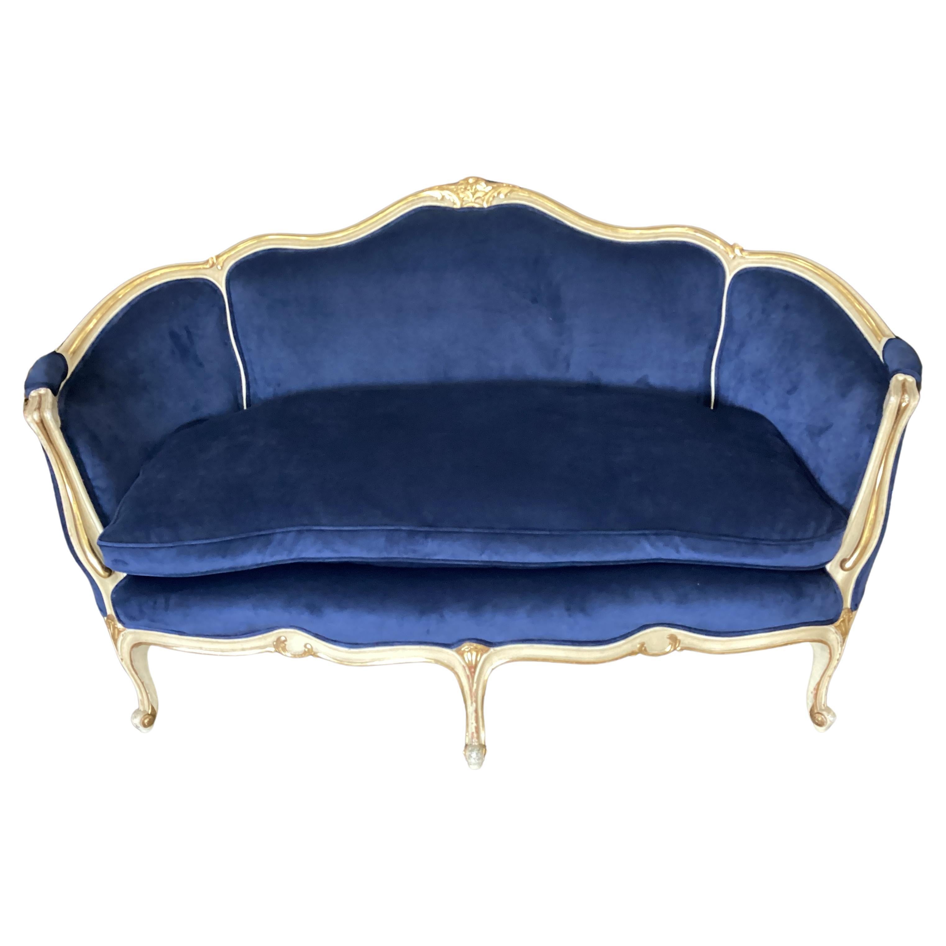 Antique Louis XV Style Painted and Gilt Settee (2 Available) For Sale