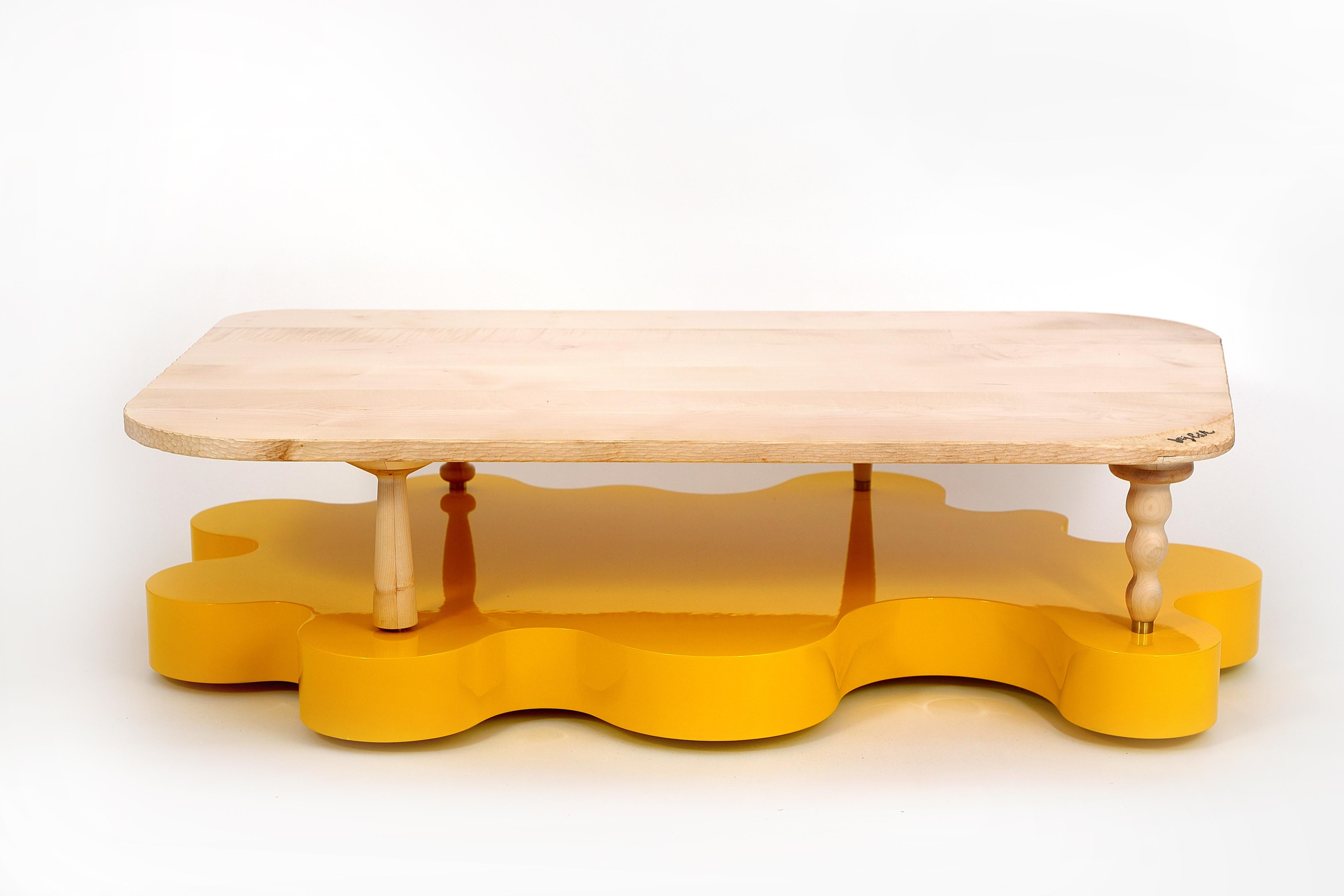 The original, the only one made by the author. At the same time, the author, as with other works, decided that only one table would remain forever. The base of the table has an amorphous shape, which is connected to the trapezoid-shaped wooden board