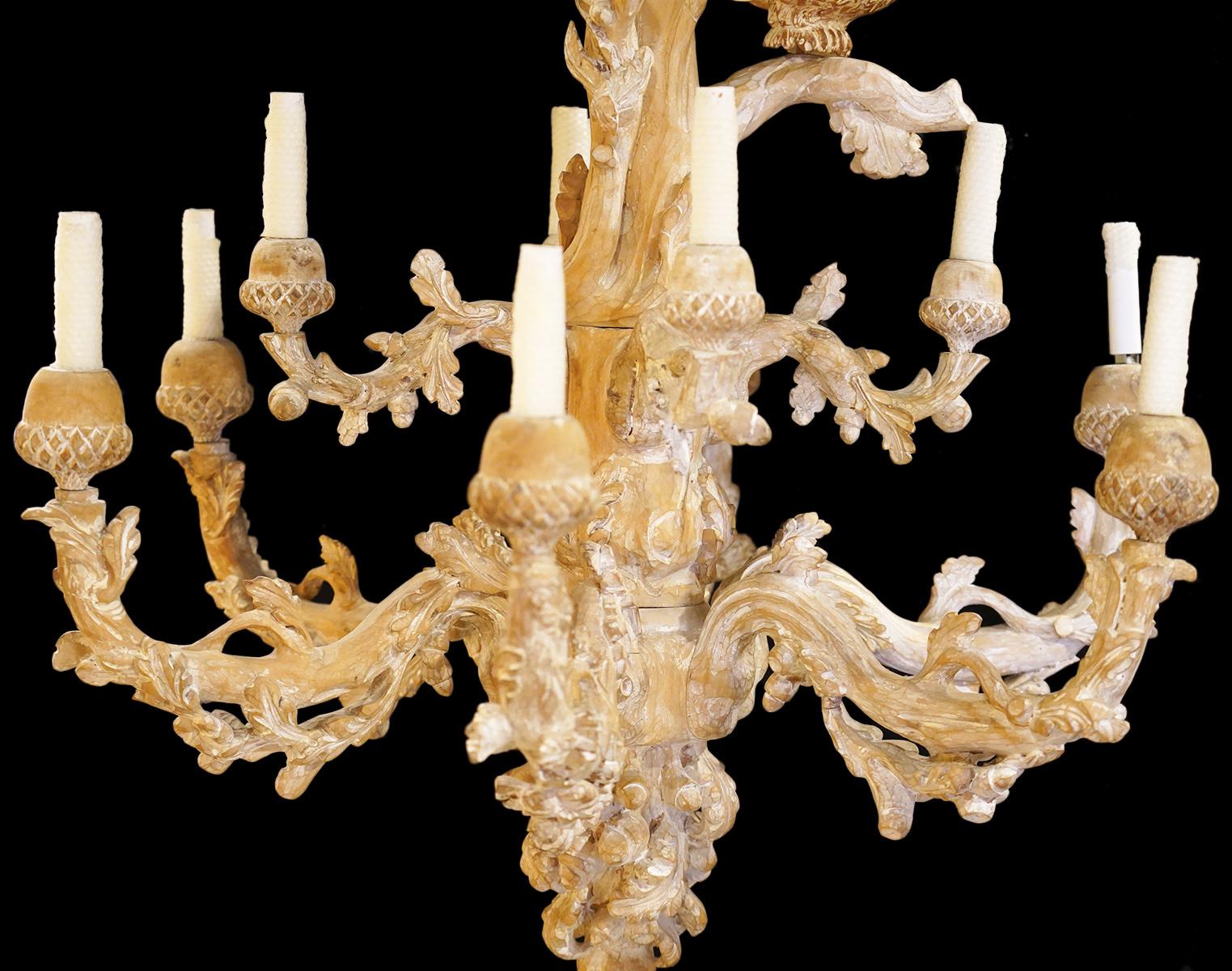 Hand-Carved !0 Arms Sculptural Carved Italian Chandelier, Two Doves Perched on Top