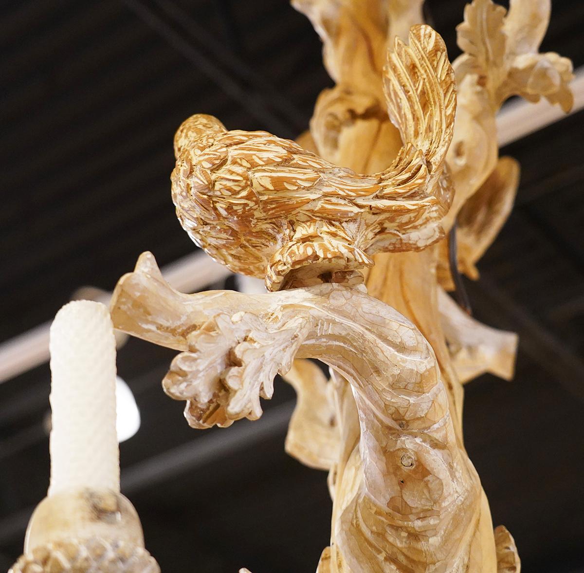 20th Century !0 Arms Sculptural Carved Italian Chandelier, Two Doves Perched on Top
