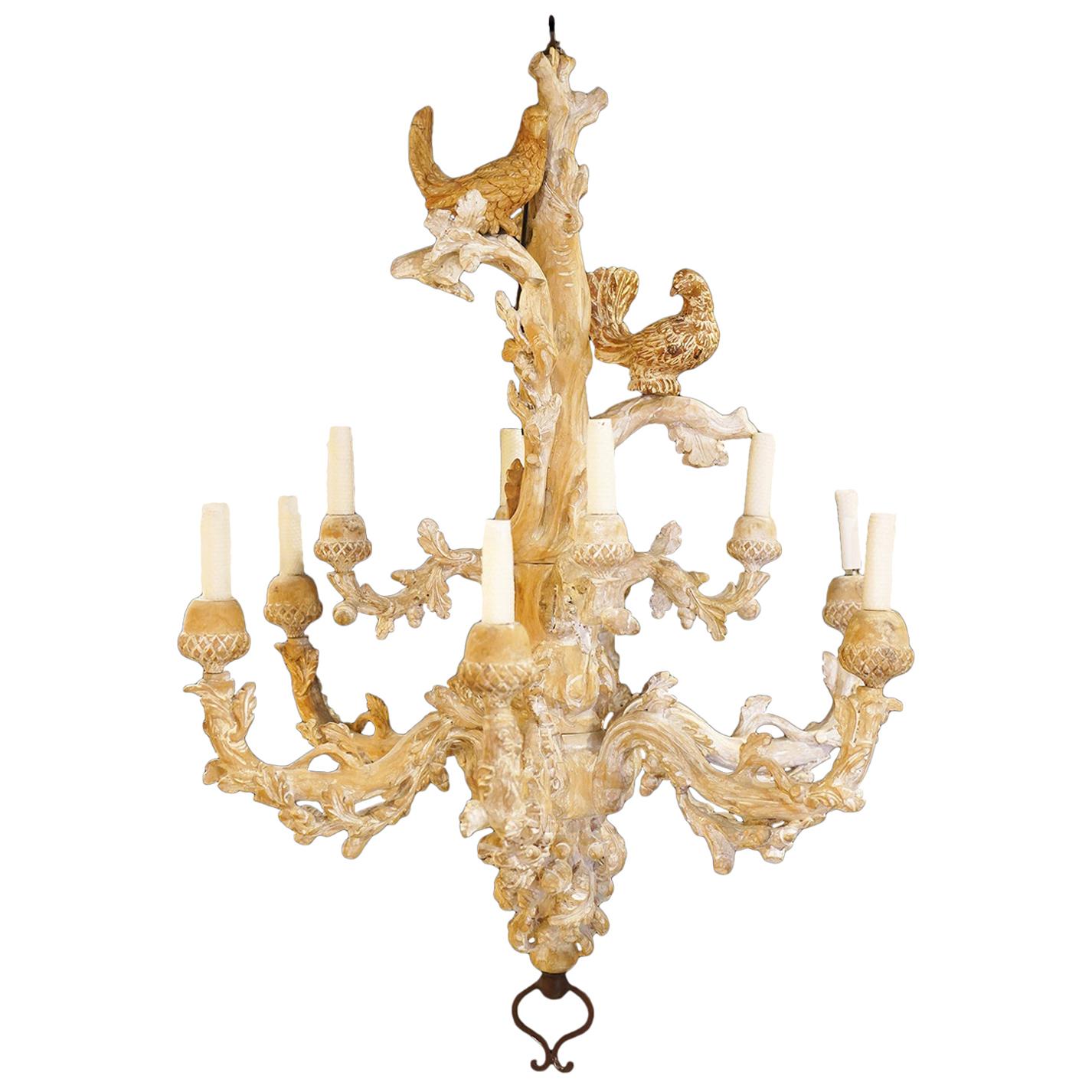 !0 Arms Sculptural Carved Italian Chandelier, Two Doves Perched on Top