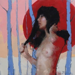 „Red Sun“ – Original Ölgemälde, impressionistischer weiblicher Akt in weiblicher Form, „Red Sun“