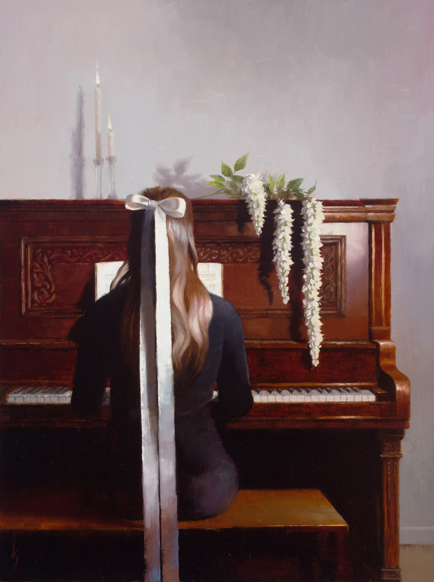 Kirsten Savage’s “Practice Makes Perfect” (2023) is an evocative oil on panel painting that captures a serene moment of a woman practicing piano. The artwork measures 16 x 12 inches, framed elegantly to 22.50 x 18.50 inches. This composition
