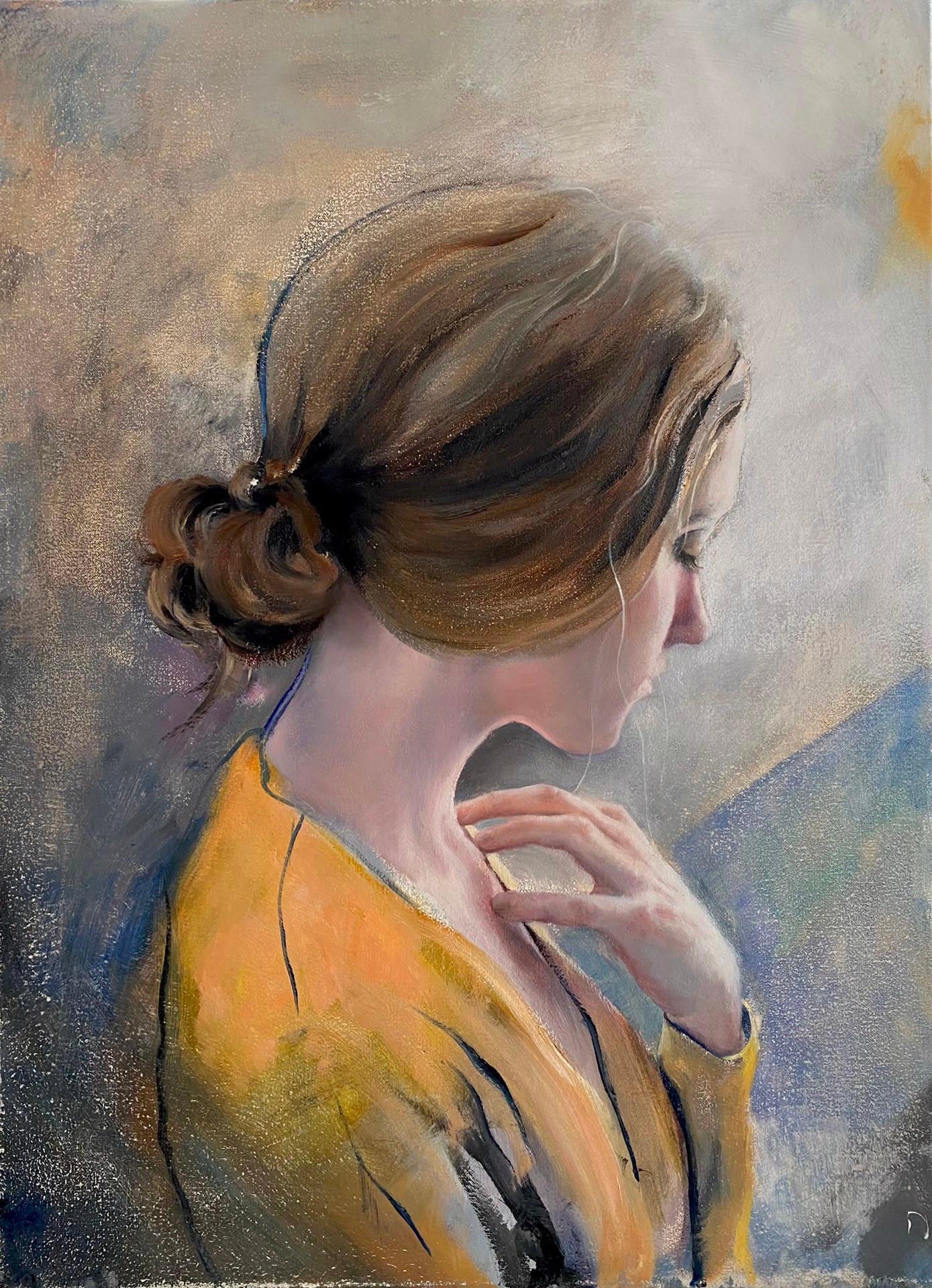 Patience" (2024) de James Van Fossan est un saisissant portrait à l'huile sur lin, mesurant 19 x 14 pouces. Cette œuvre d'art non encadrée, prête à être accrochée, capture l'expression sereine et contemplative d'une femme perdue dans ses pensées.