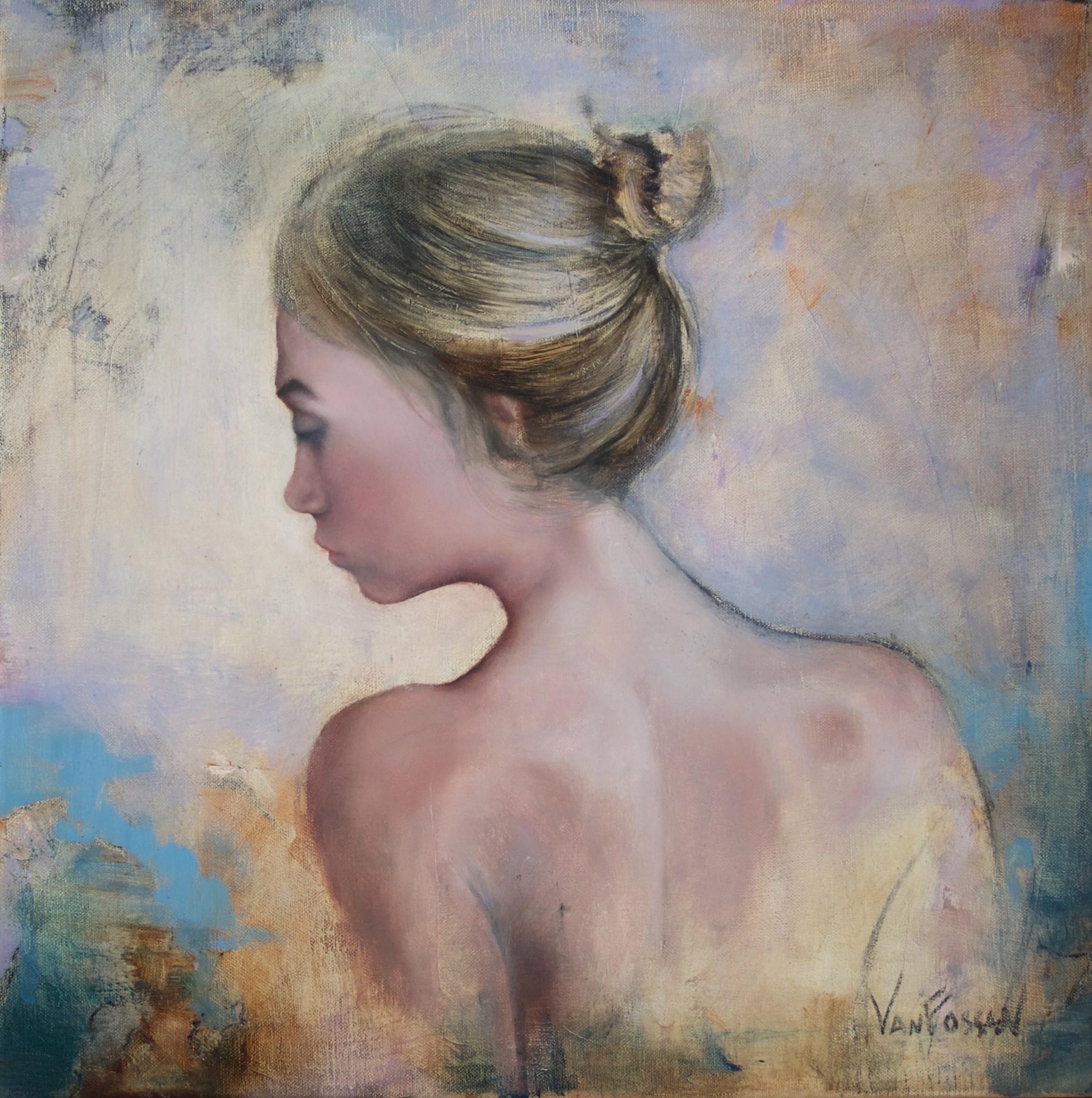 James Van Fossan's "Presence" (2023) is an exquisite oil on linen painting that captures the tranquil beauty of a woman in a moment of quiet reflection. This 16 x 16-inch artwork, though unframed, is ready to hang and draws the viewer into a serene