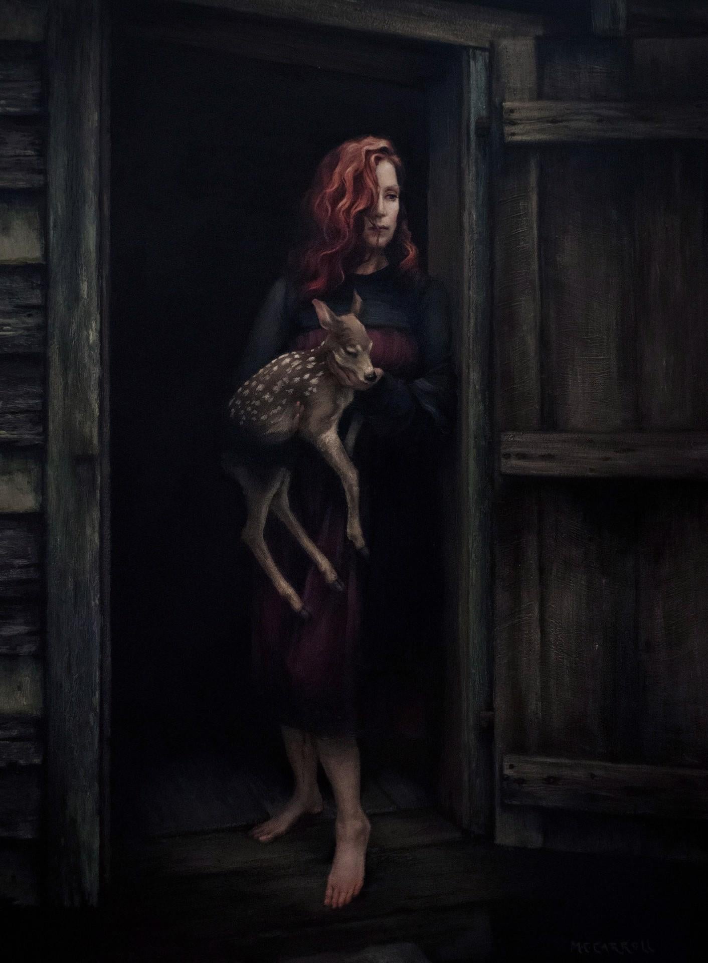 Mary Carroll's "Baby" (2024) is a deeply evocative acrylic painting, measuring 24 x 18 inches, ready to hang even without a frame. This poignant artwork captures a somber yet tender scene of a woman holding a young deer, both emerging from the