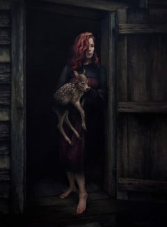 « Baby », peinture originale à l'acrylique d'une femme et d'un cerf par Mary Carroll