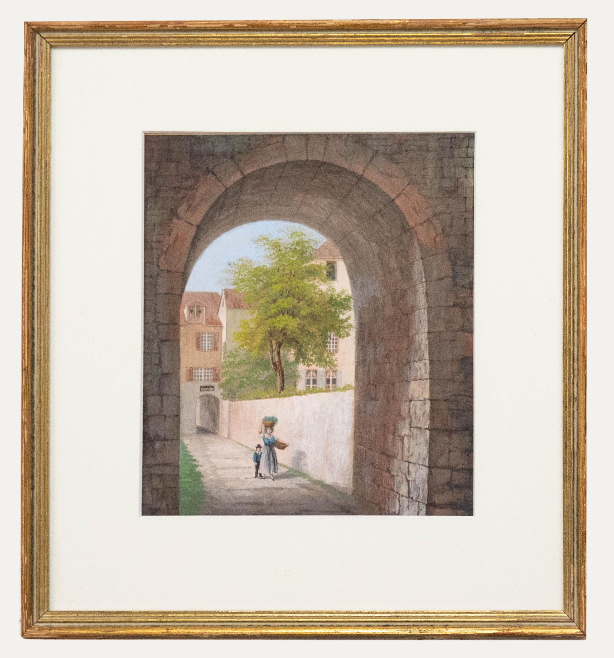 Aquarelle du 19e siècle - Retour du marché