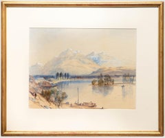 Aquarelle du 19e siècle - Scène de lac italien