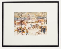 Aquarelle de l'école russe du milieu du 20e siècle - Scène de village en neige