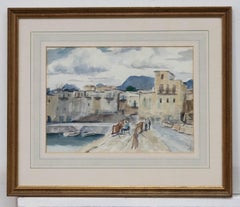 Aquarelle encadrée du milieu du 20e siècle - Mending Nets (raccommodage des filets)